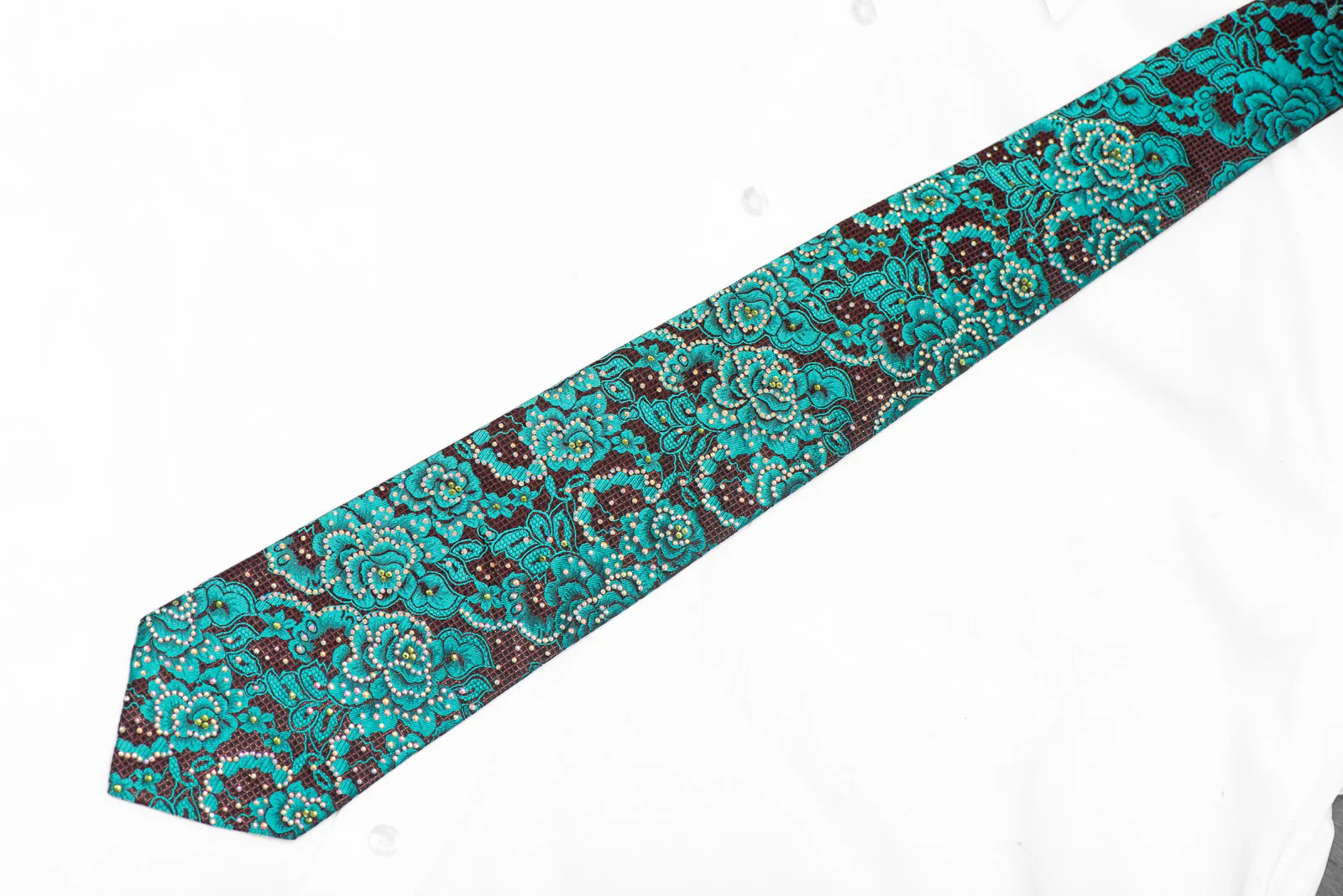 Teal Floral On Black Burgundy Rhinestone Necktie With Silver Sparkles - Image 5