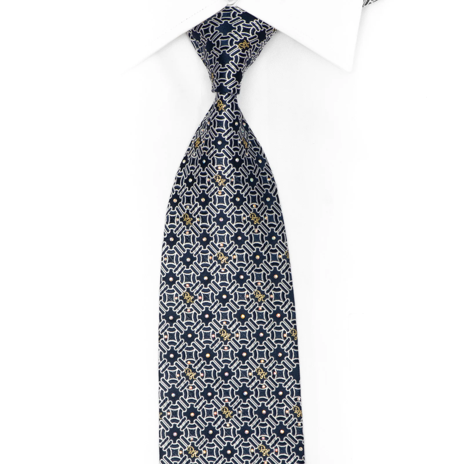 Silver Trellis On Dark Blue Rhinestone Necktie With Gold Sparkles