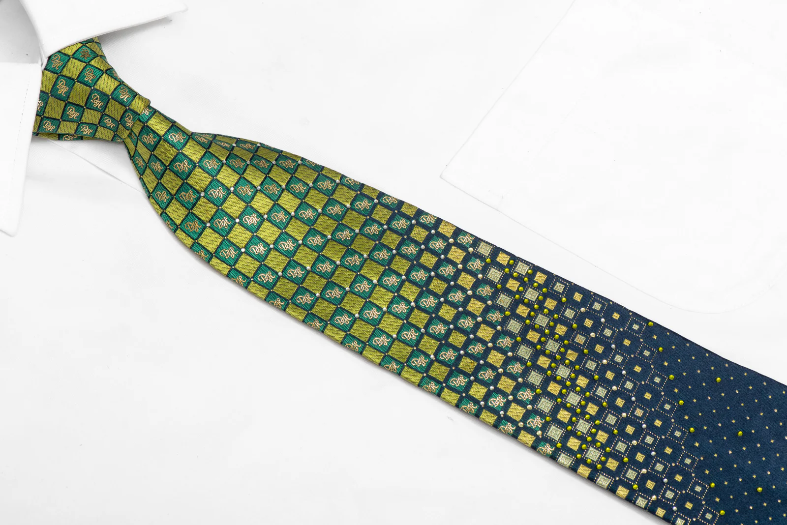 Green Teal Checkered Rhinestone Silk Necktie With Gold Sparkles - Image 2