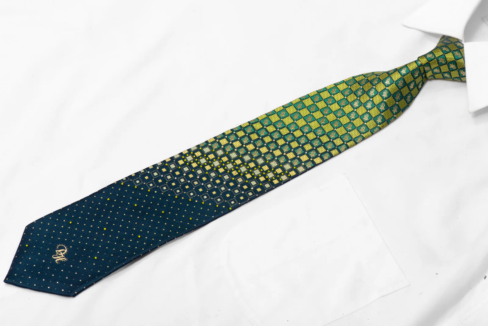 Green Teal Checkered Rhinestone Silk Necktie With Gold Sparkles - Image 3