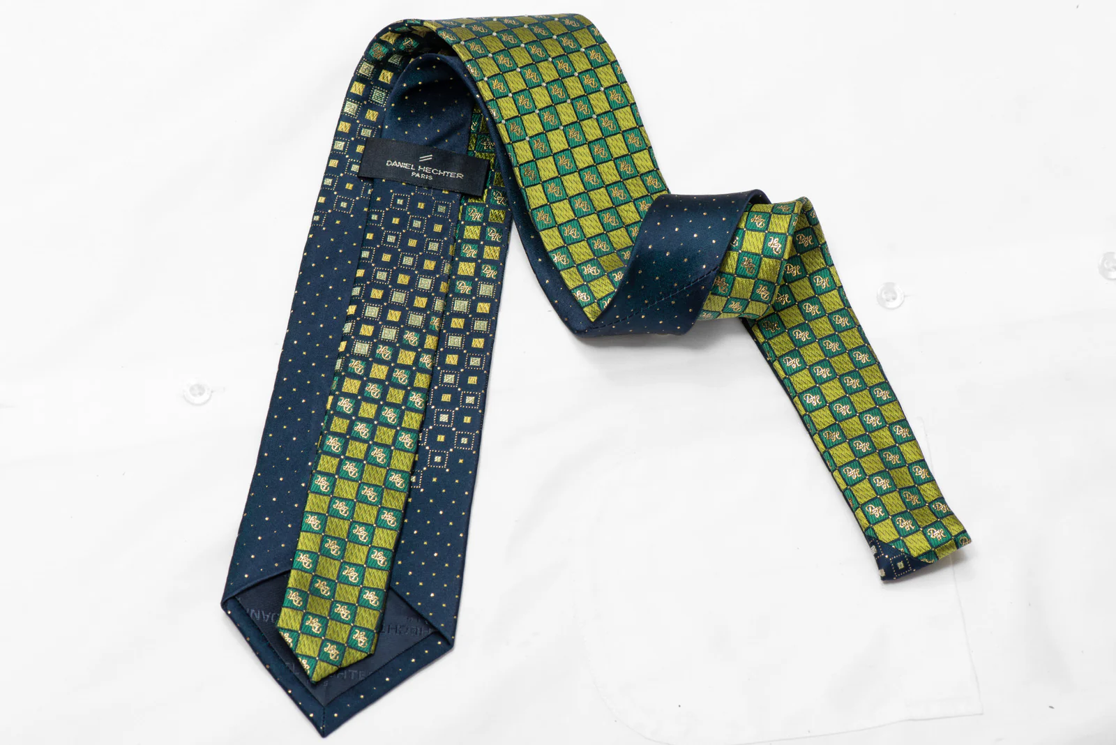 Green Teal Checkered Rhinestone Silk Necktie With Gold Sparkles - Image 4