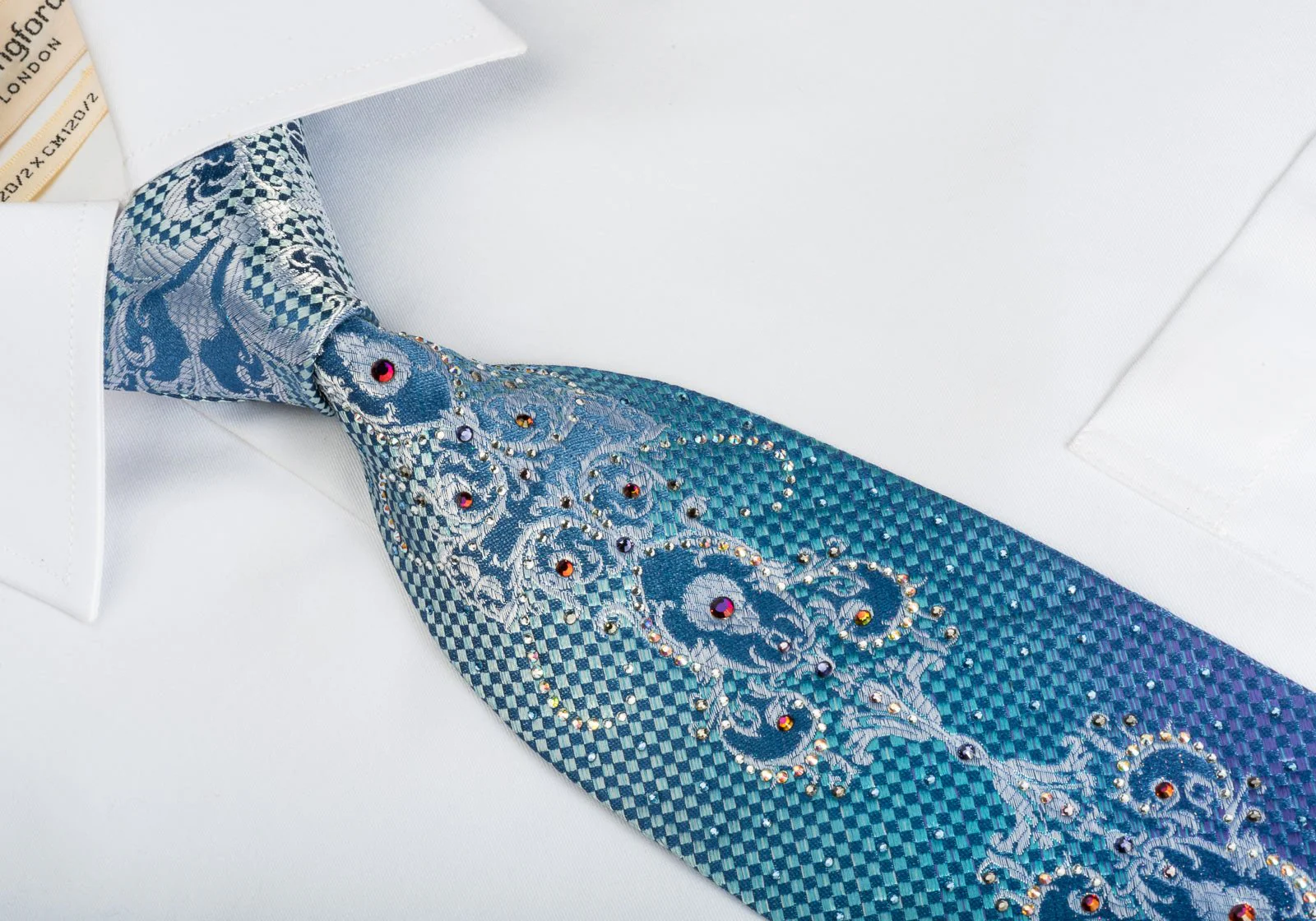 Daniel Hechter Bling Silk Tie Silver Damask On Turquoise Violet With Rhinestones - Image 2