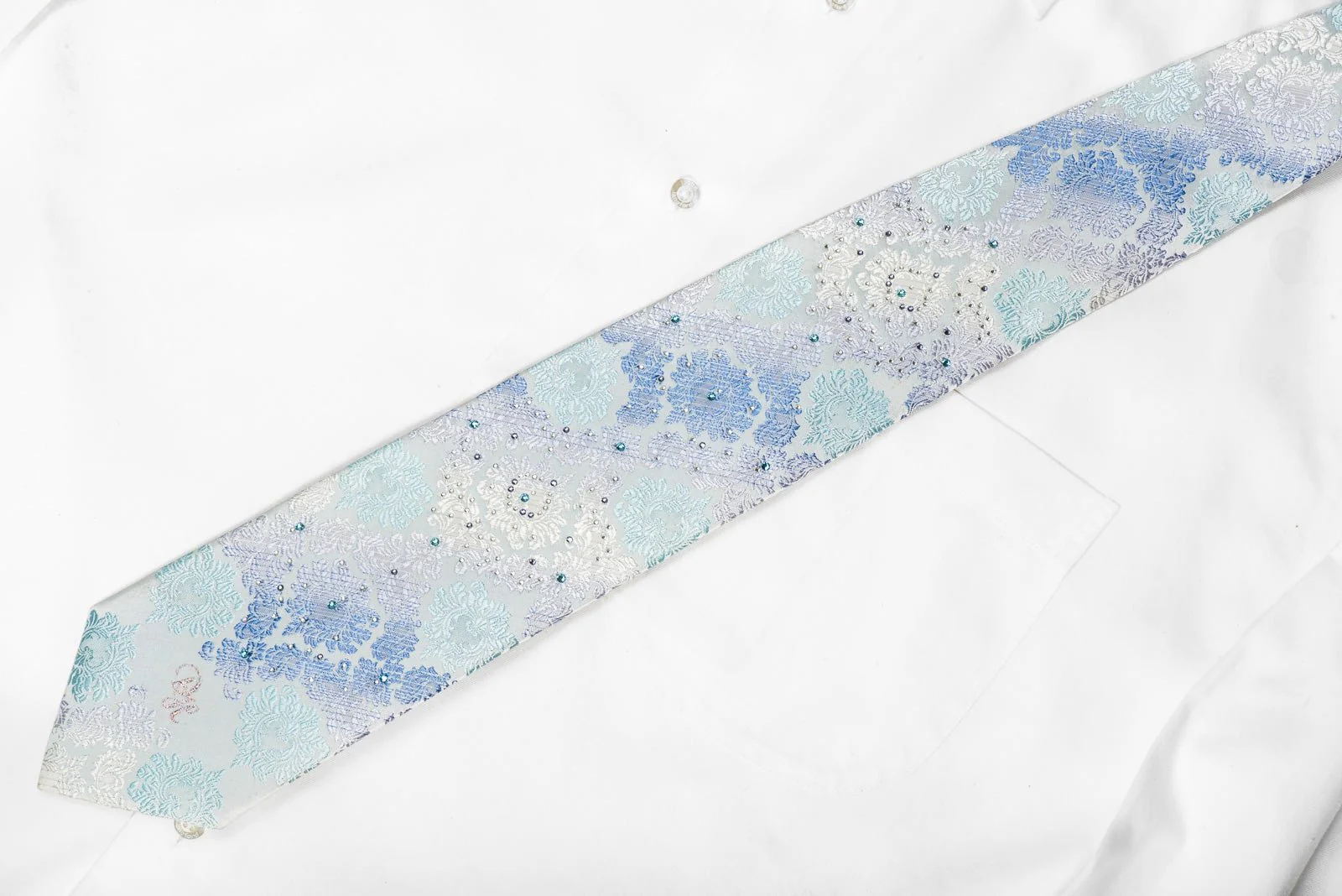 Daniel Hechter Men's Crystal Rhinestone Silk Necktie Damask On Pale Blue With Silver Sparkles - Image 4