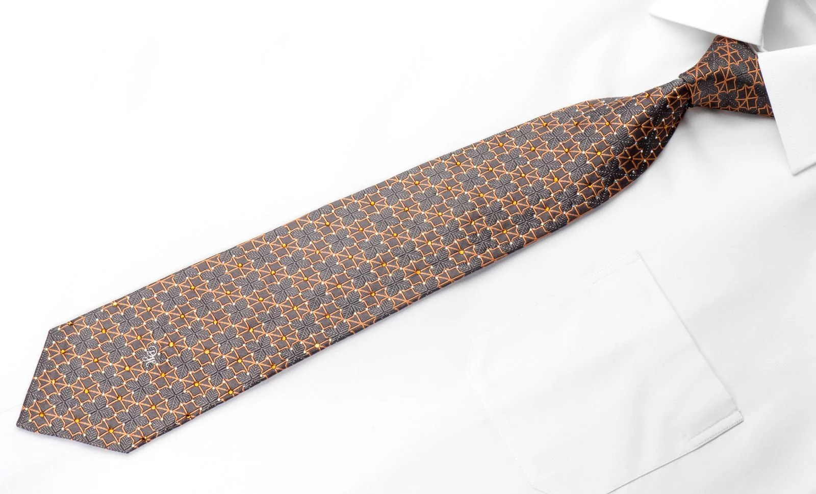Daniel Hechter Men's Crystal Rhinestone Silk Necktie Orange Trellis On Silver Gray With Sparkle - Image 4