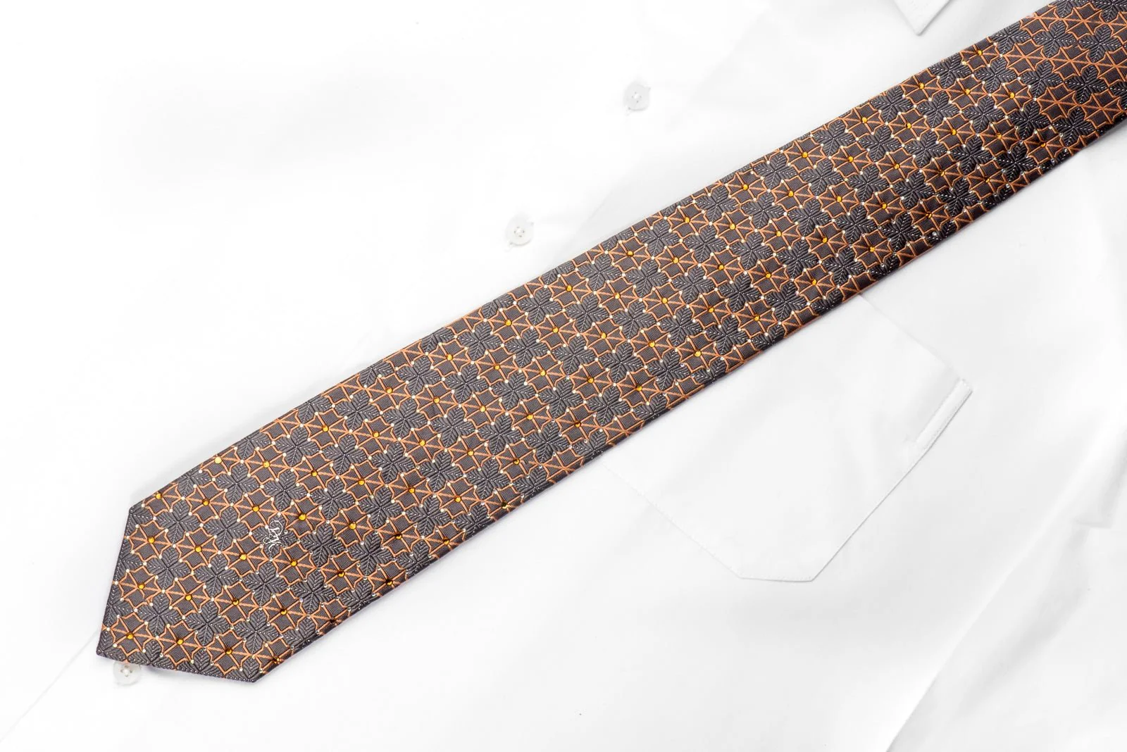 Daniel Hechter Men's Crystal Rhinestone Silk Necktie Orange Trellis On Silver Gray With Sparkle - Image 6