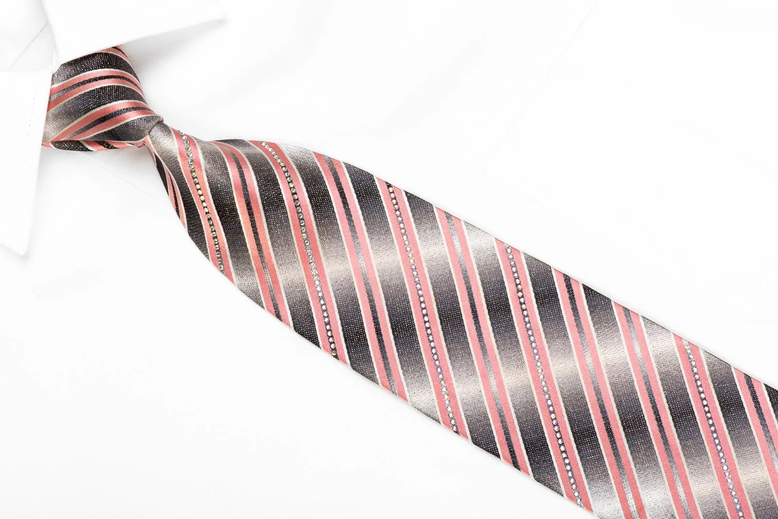 Daniel Hechter Men's Crystal Silk Necktie Pink Stripes On Silver With Silver Sparkles - Image 3