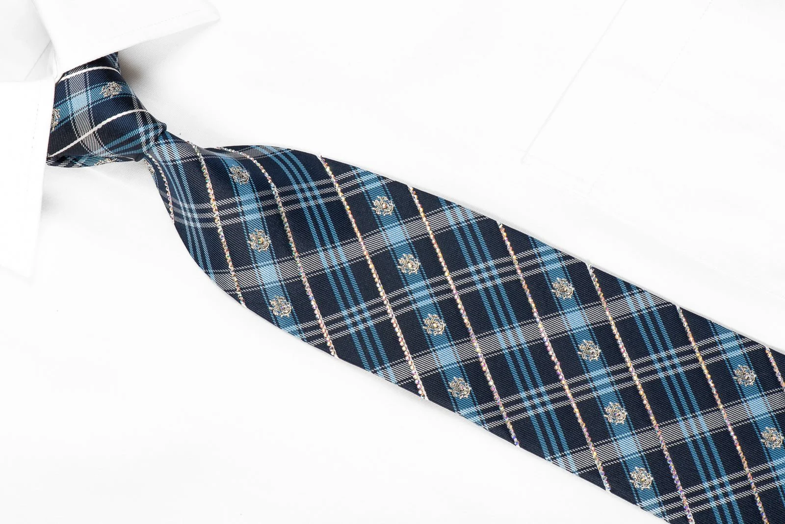 Daniel Hechter Men's Crystal Silk Necktie Plaids On Blue With Silver Sparkles - Image 2