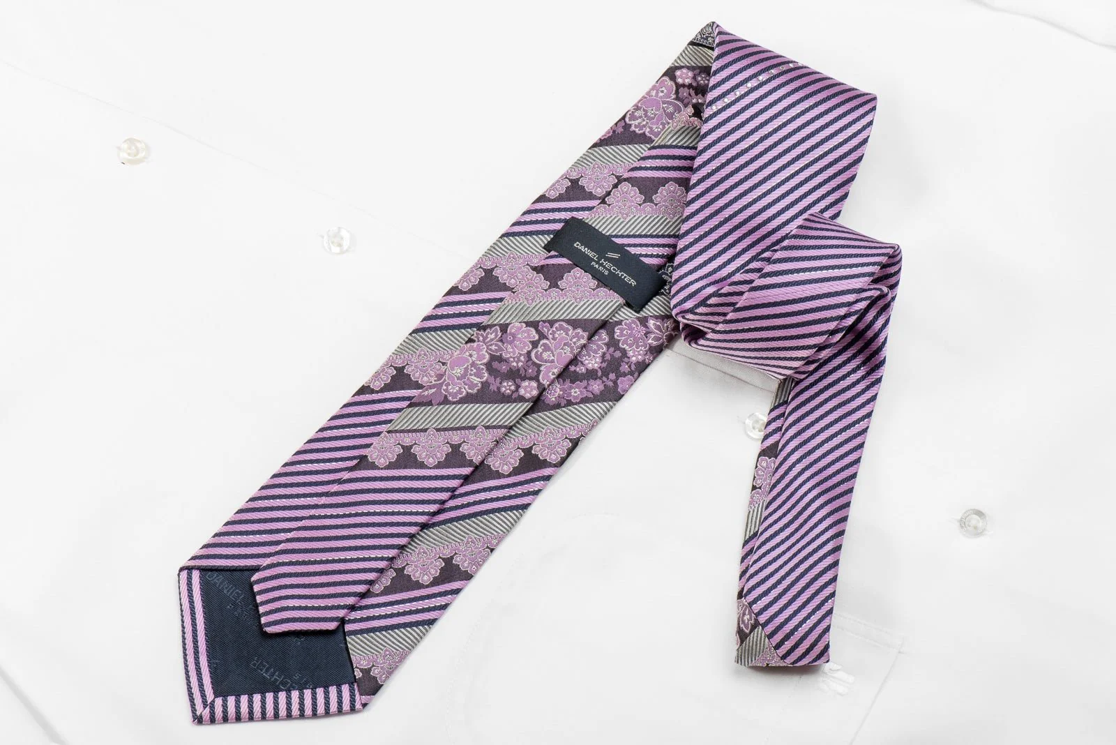 Daniel Hechter Men's Crystal Silk Necktie Purple Striped & Floral On Black With Silver Sparkles - Image 4