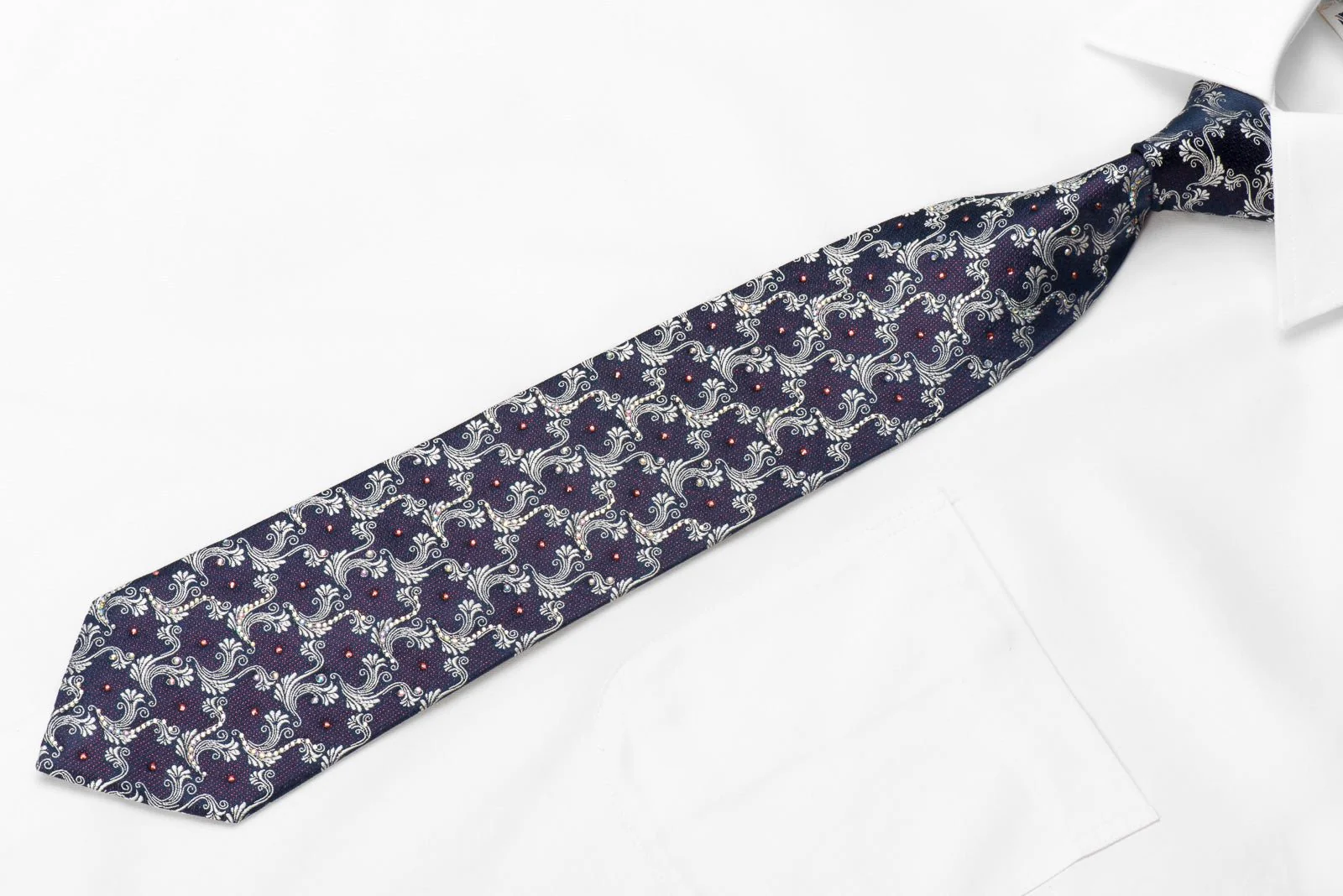 Daniel Hechter Men's Crystal Silk Necktie Silver Acanthus On Blue With Red Sparkles - Image 5