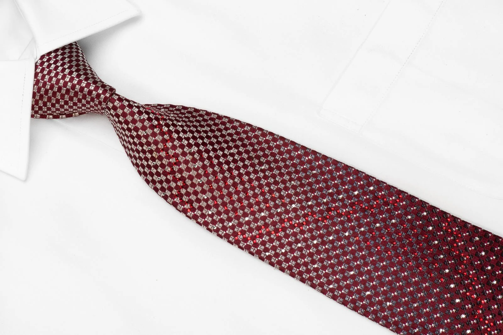 Daniel Hechter Men's Crystal Silk Necktie Silver Burgundy Checkered With Silver Sparkles - Image 2