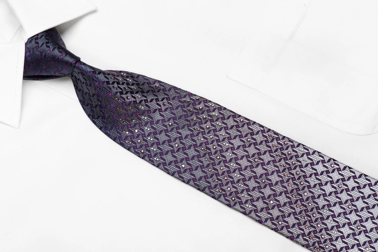 Daniel Hechter Men's Crystal Silk Necktie Silver Geometric On Blue With Red Sparkles - Image 2