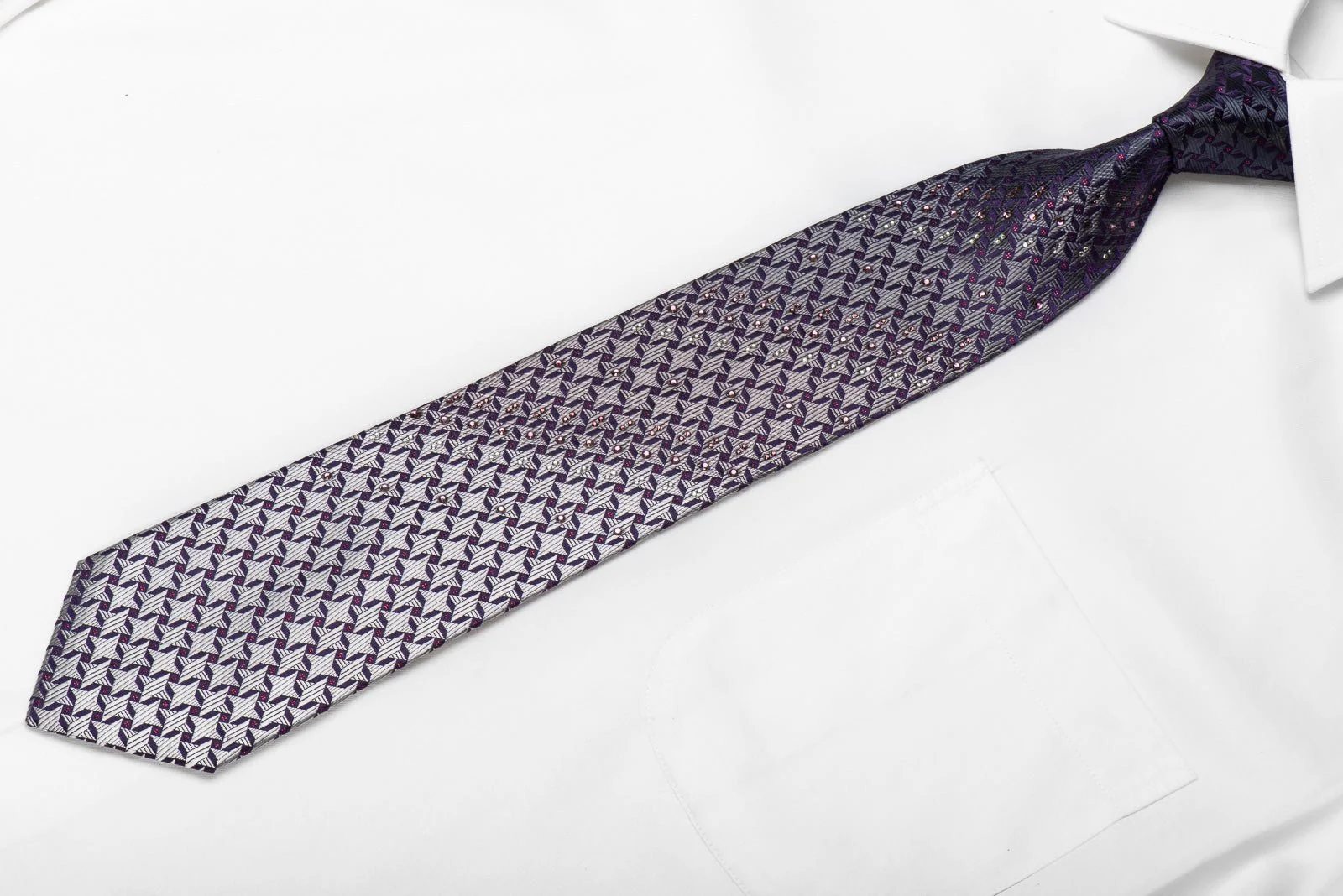 Daniel Hechter Men's Crystal Silk Necktie Silver Geometric On Blue With Red Sparkles - Image 3