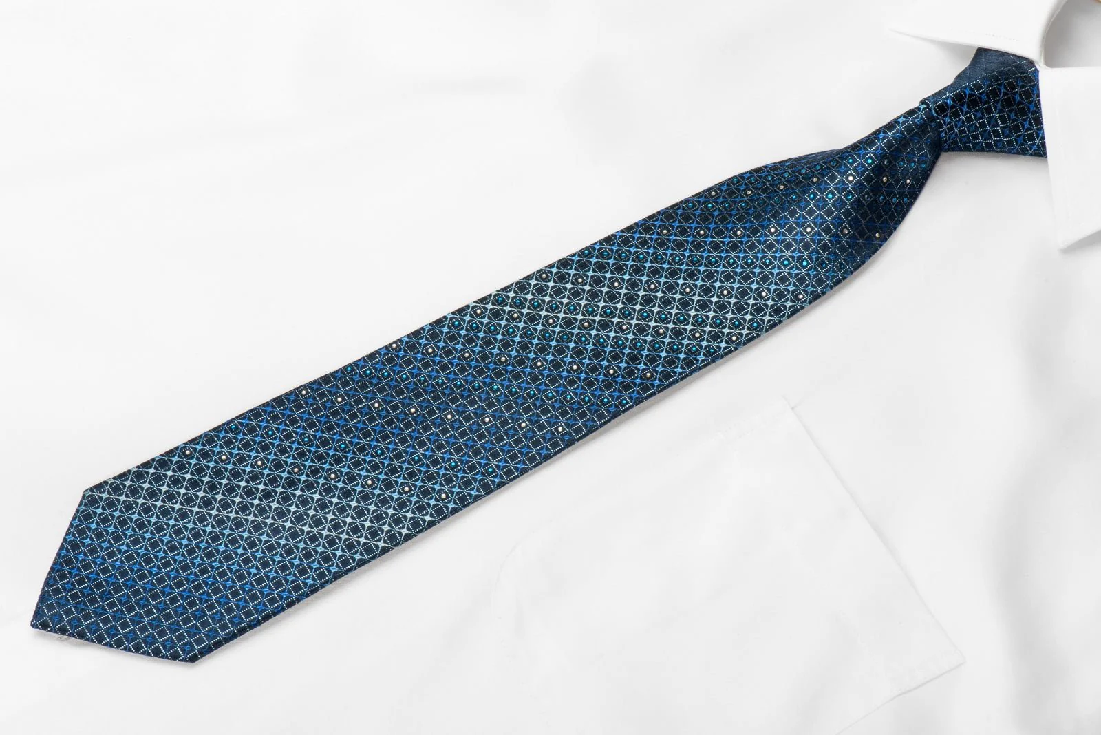 Daniel Hechter Men's Crystal Silk Necktie Trellis On Blue With Silver Sparkles - Image 3