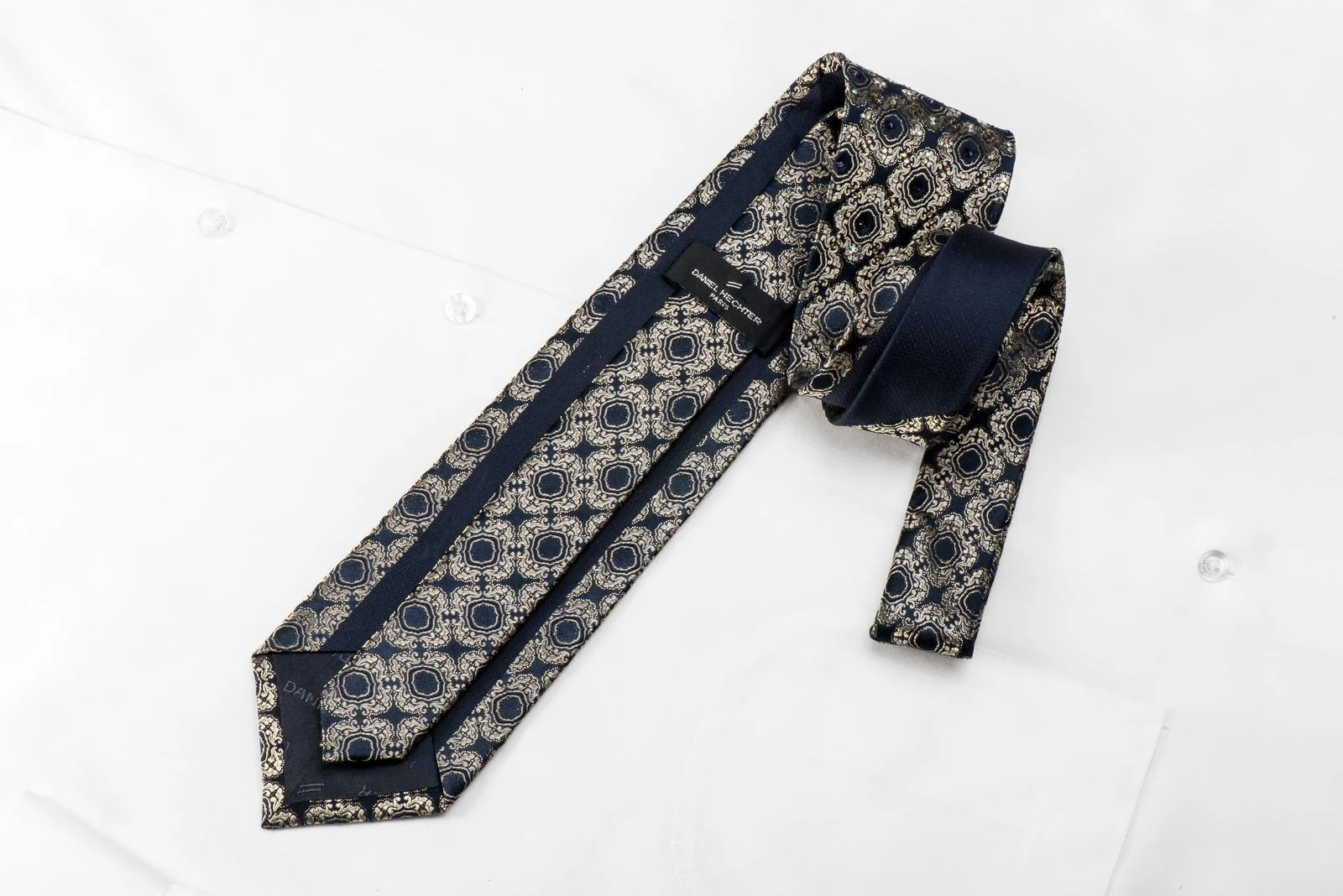 Golden Cartouche On Navy Men's Crystal Silk Tie With Sparkles - Image 6