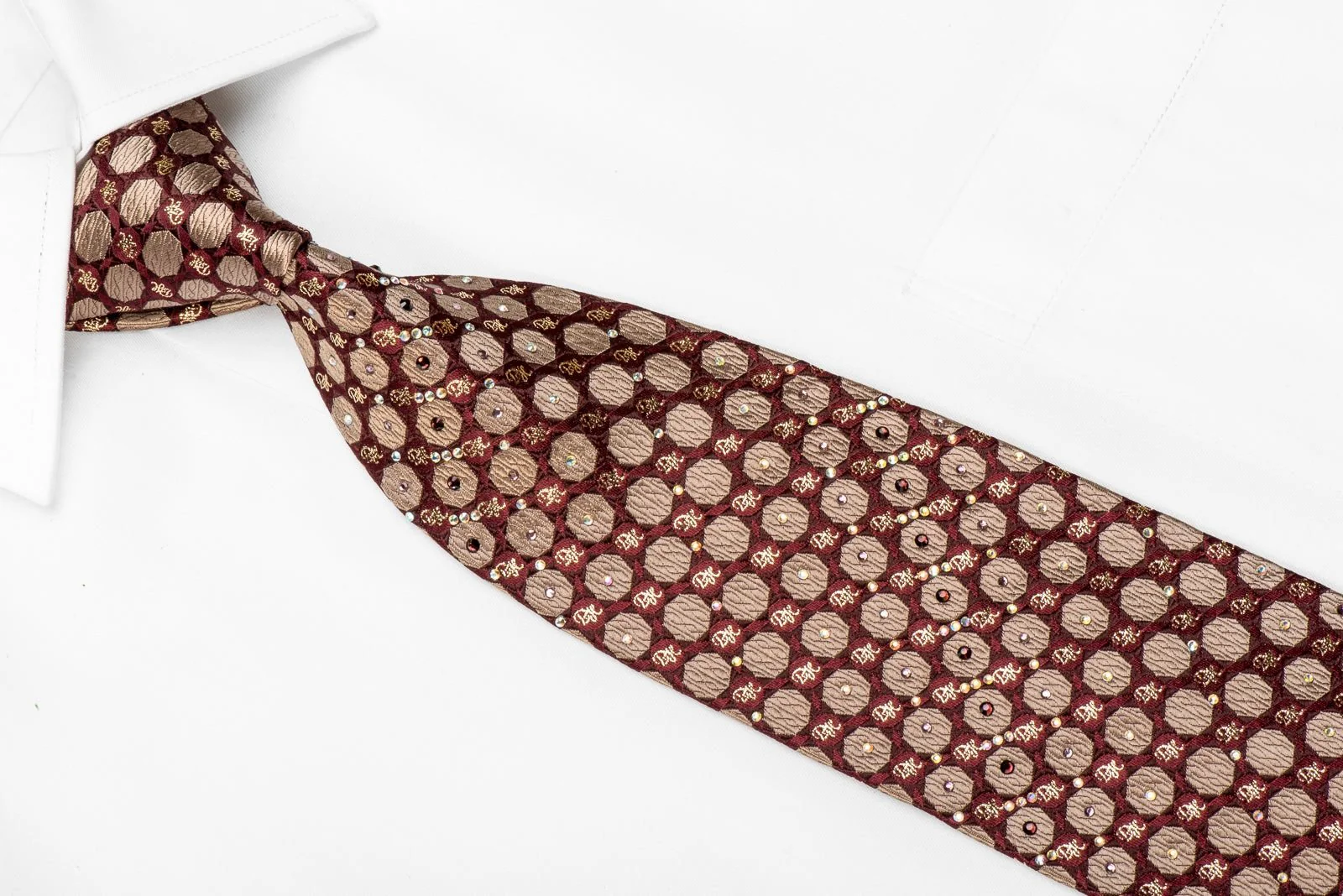 Daniel Hechter Men's Crystal Silk Tie Golden Geometric Monogram On Burgundy With Sparkles - Image 2