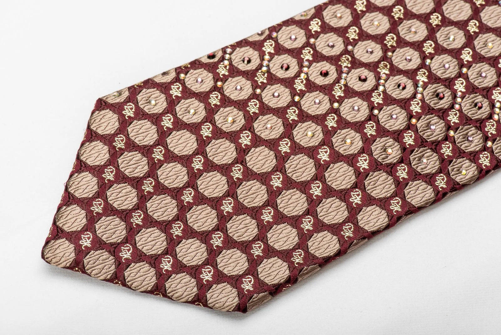 Daniel Hechter Men's Crystal Silk Tie Golden Geometric Monogram On Burgundy With Sparkles - Image 3