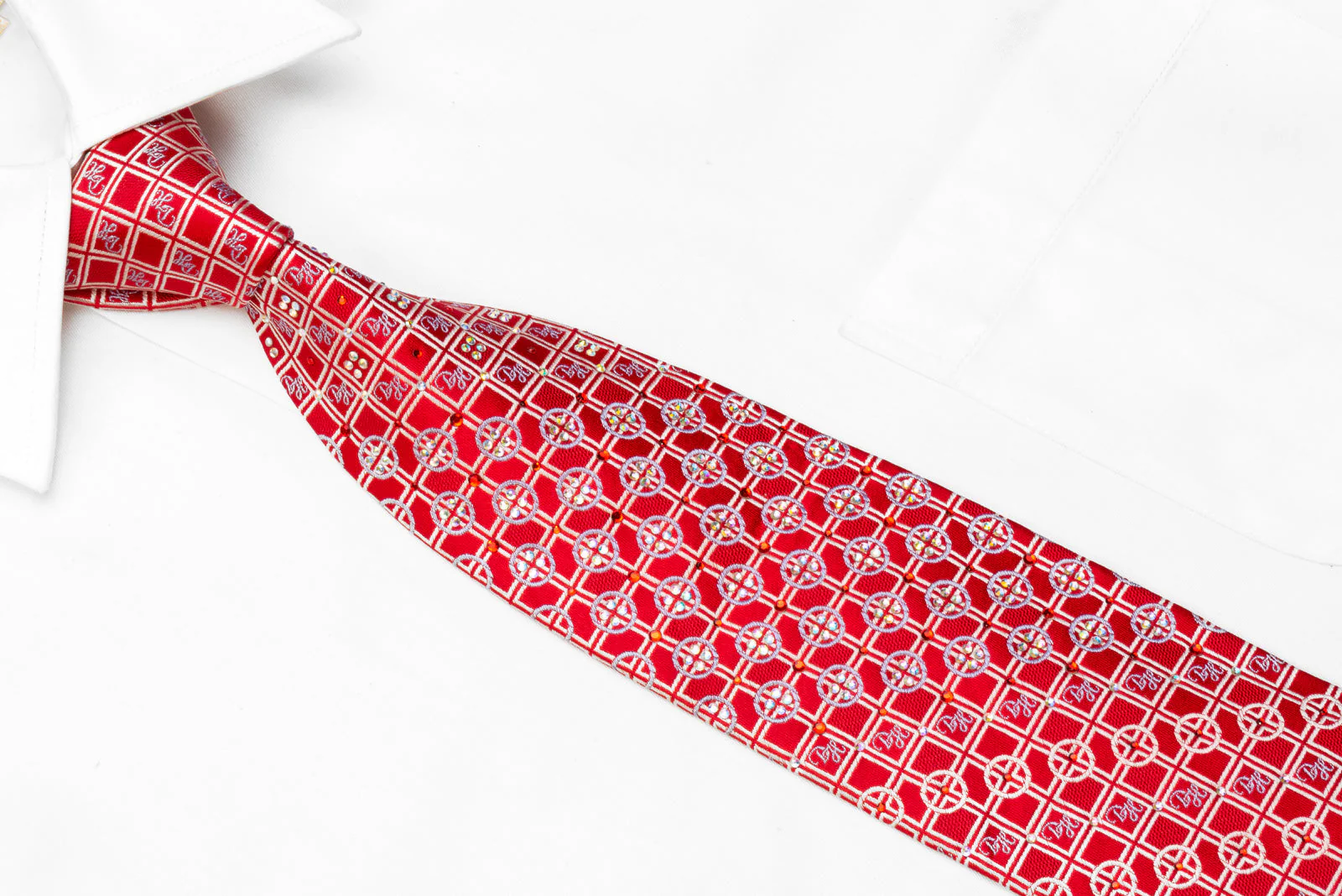 Daniel Hechter Men's Rhinestone Necktie Silver Geometric On Red - Image 2