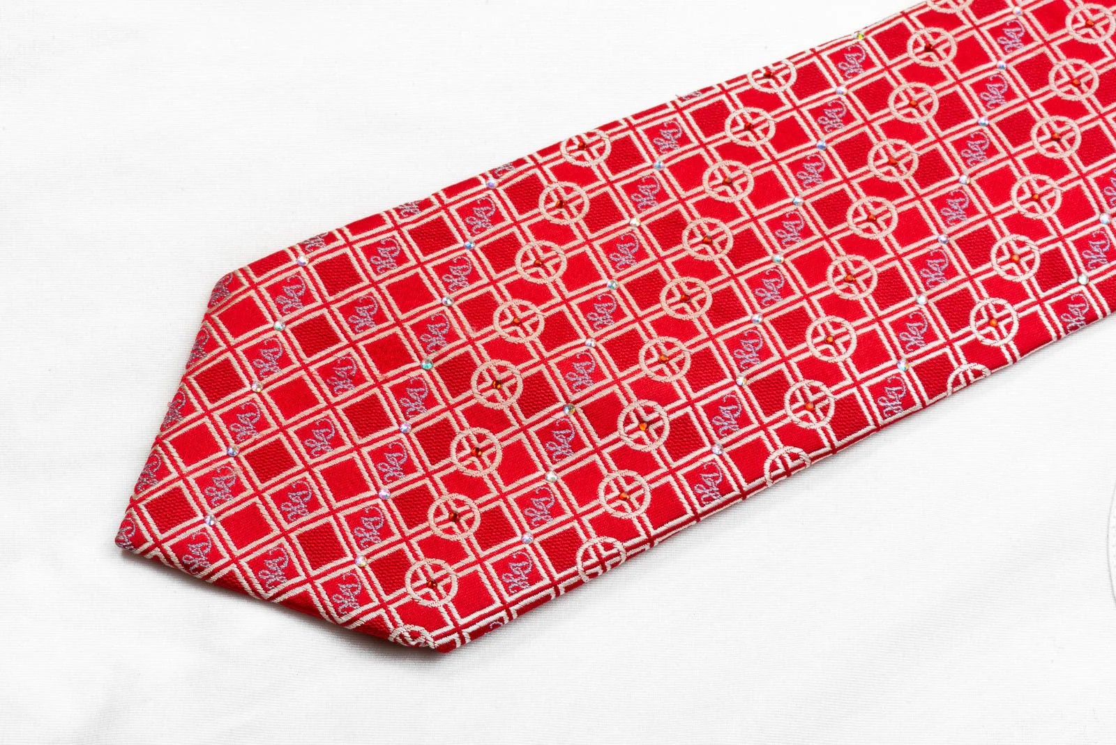 Daniel Hechter Men's Rhinestone Necktie Silver Geometric On Red - Image 3