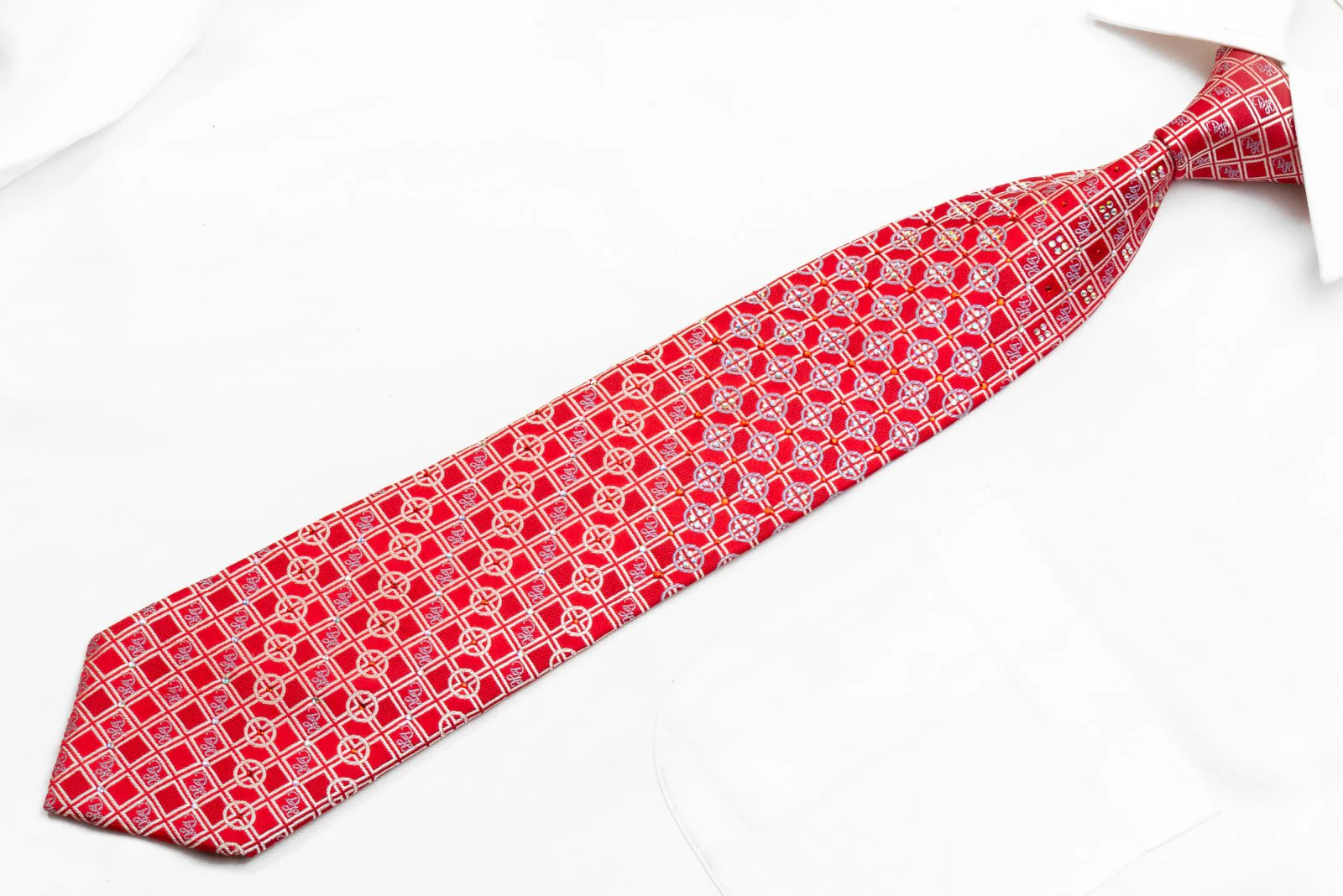 Daniel Hechter Men's Rhinestone Necktie Silver Geometric On Red - Image 4