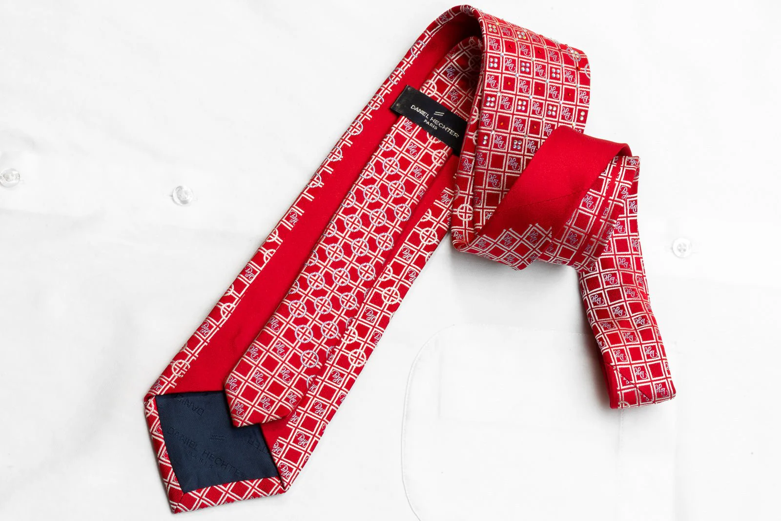 Daniel Hechter Men's Rhinestone Necktie Silver Geometric On Red - Image 5