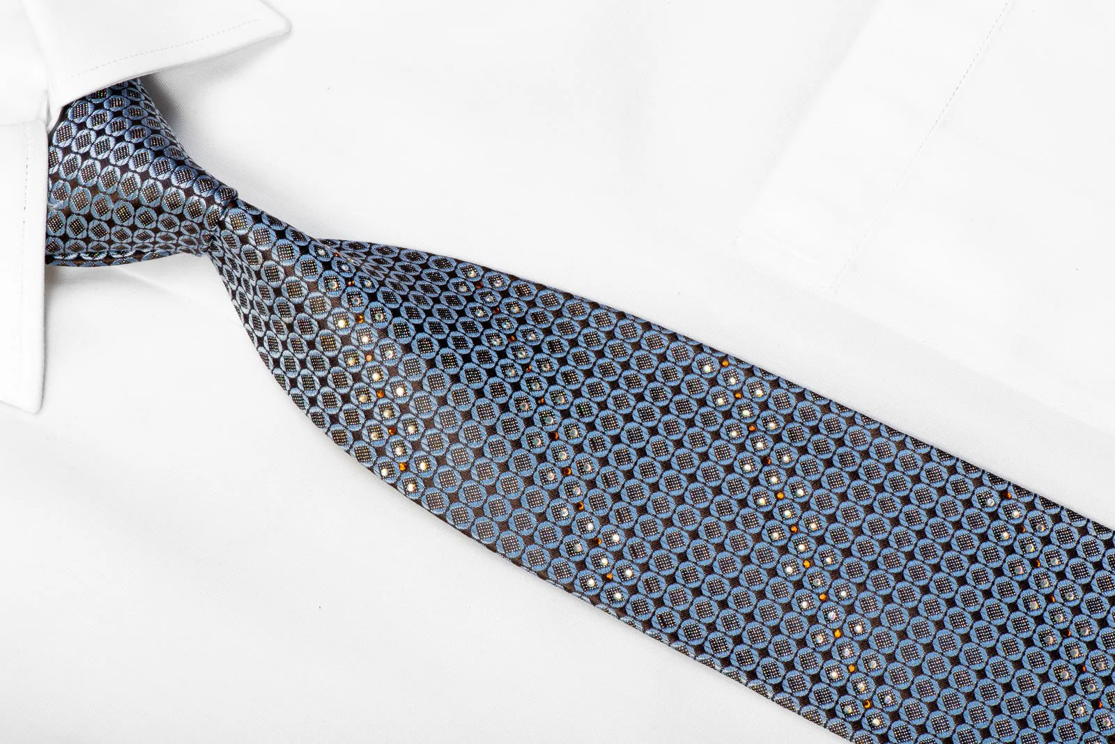Daniel Hechter Men's Rhinestone Silk Necktie Blue Geometric On Brown With Silver Sparkles - Image 2