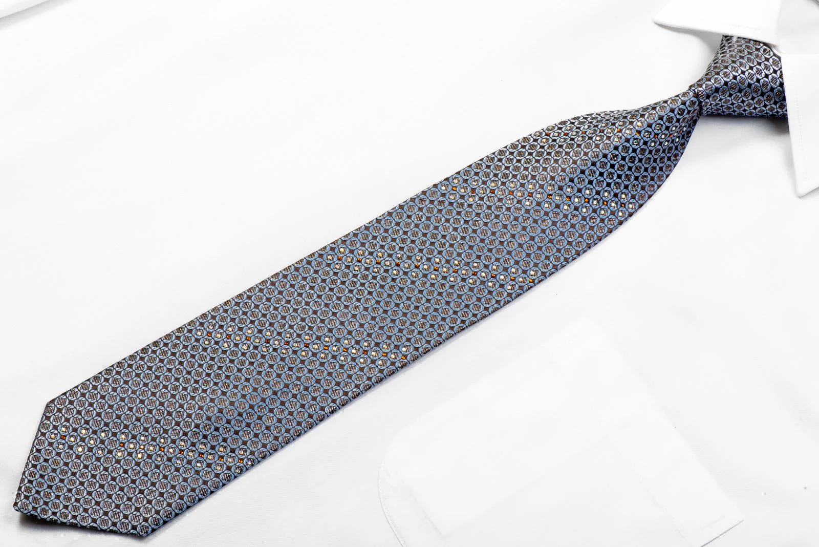 Daniel Hechter Men's Rhinestone Silk Necktie Blue Geometric On Brown With Silver Sparkles - Image 3