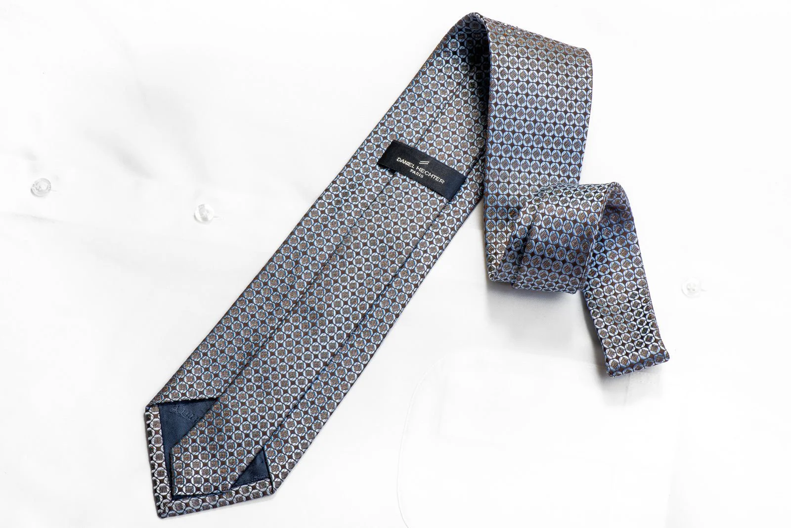 Daniel Hechter Men's Rhinestone Silk Necktie Blue Geometric On Brown With Silver Sparkles - Image 5