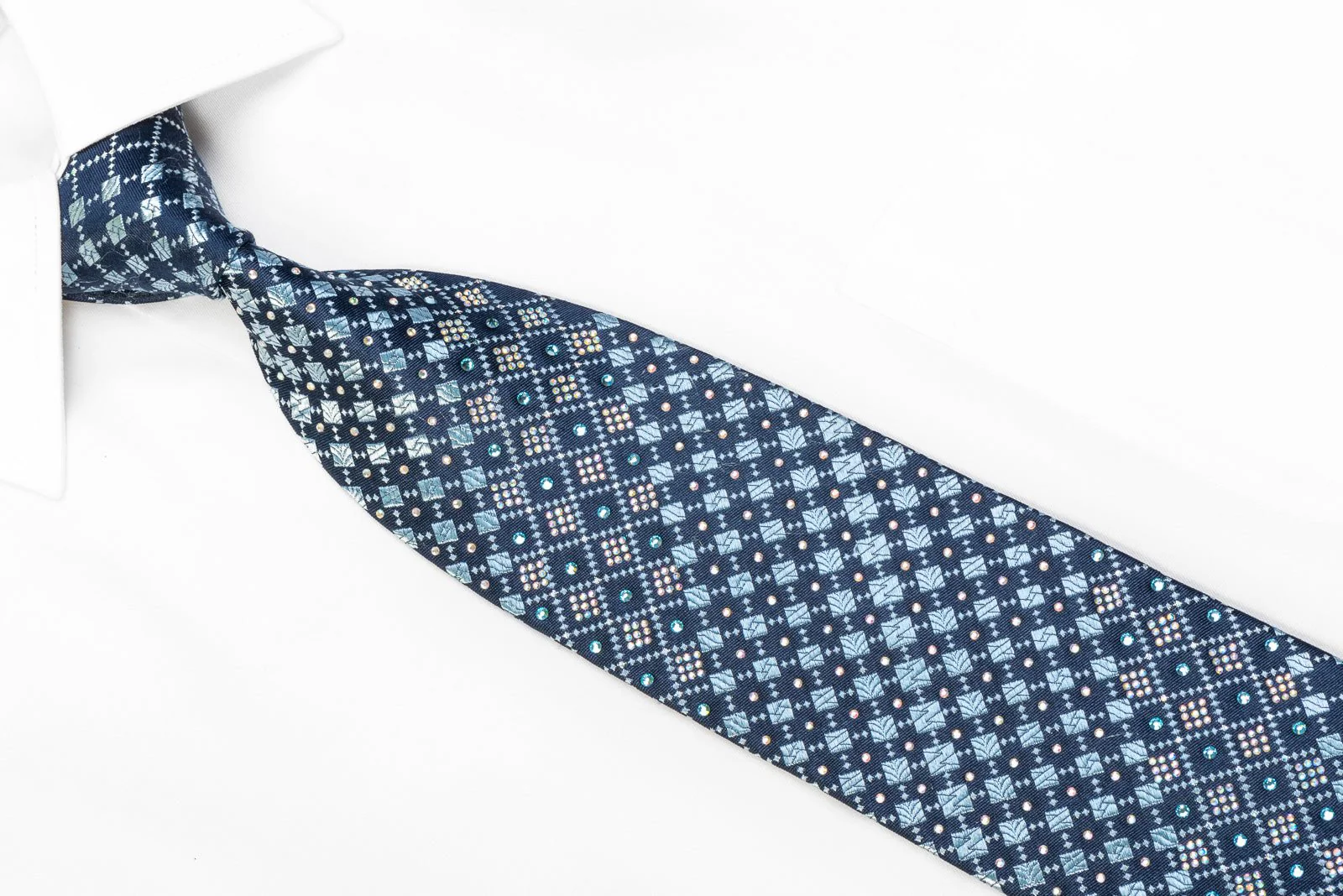 Daniel Hechter Men's Rhinestone Silk Necktie Geometric Checkered On Blue With Sparkles - Image 2
