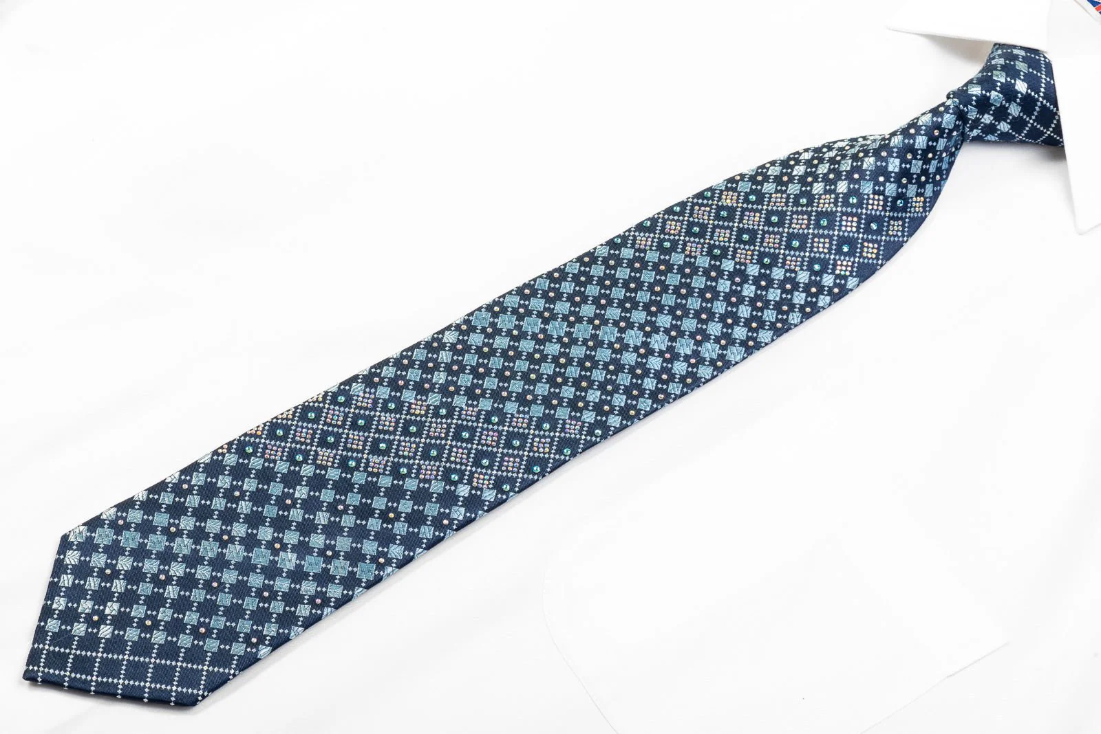 Daniel Hechter Men's Rhinestone Silk Necktie Geometric Checkered On Blue With Sparkles - Image 3