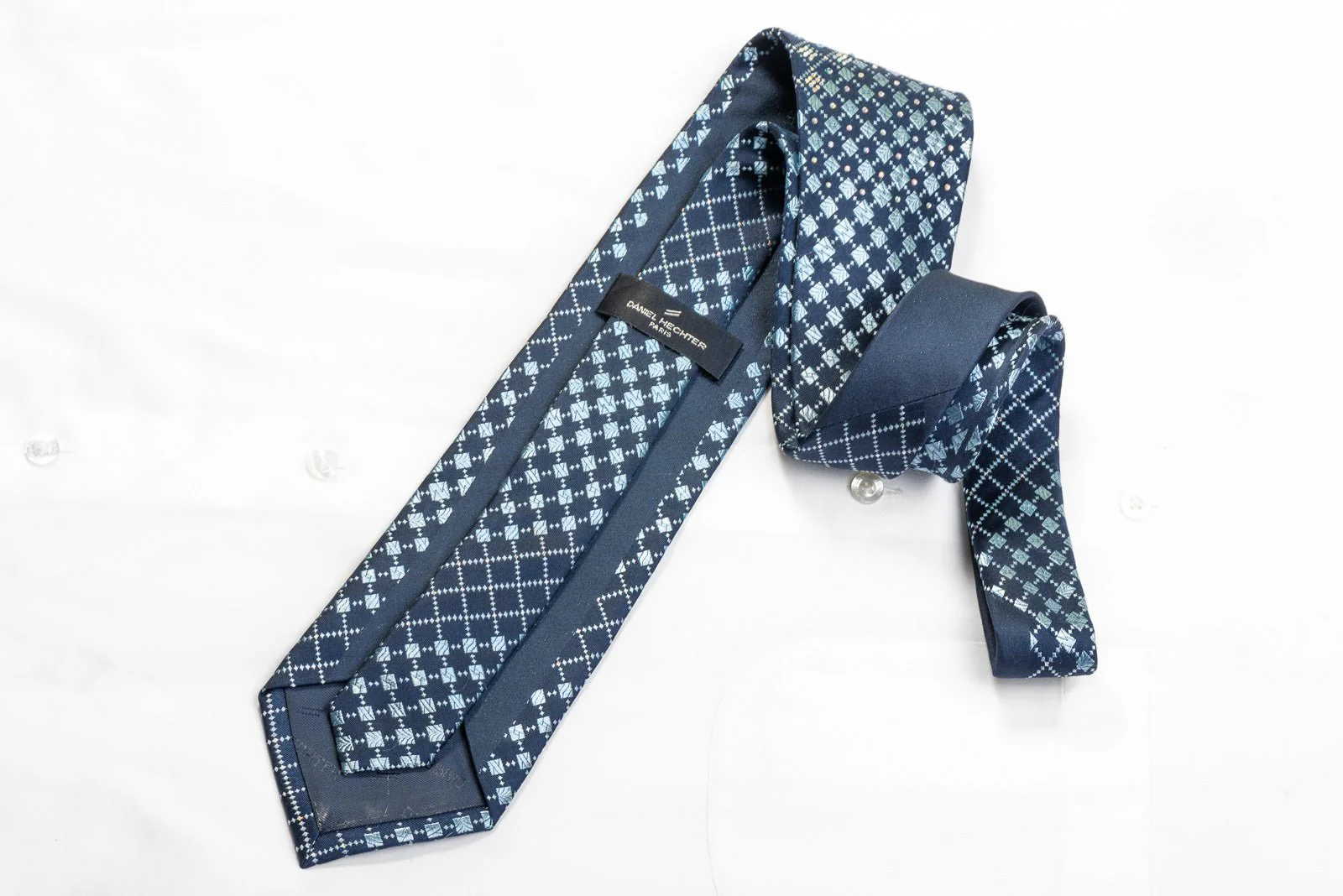 Daniel Hechter Men's Rhinestone Silk Necktie Geometric Checkered On Blue With Sparkles - Image 4