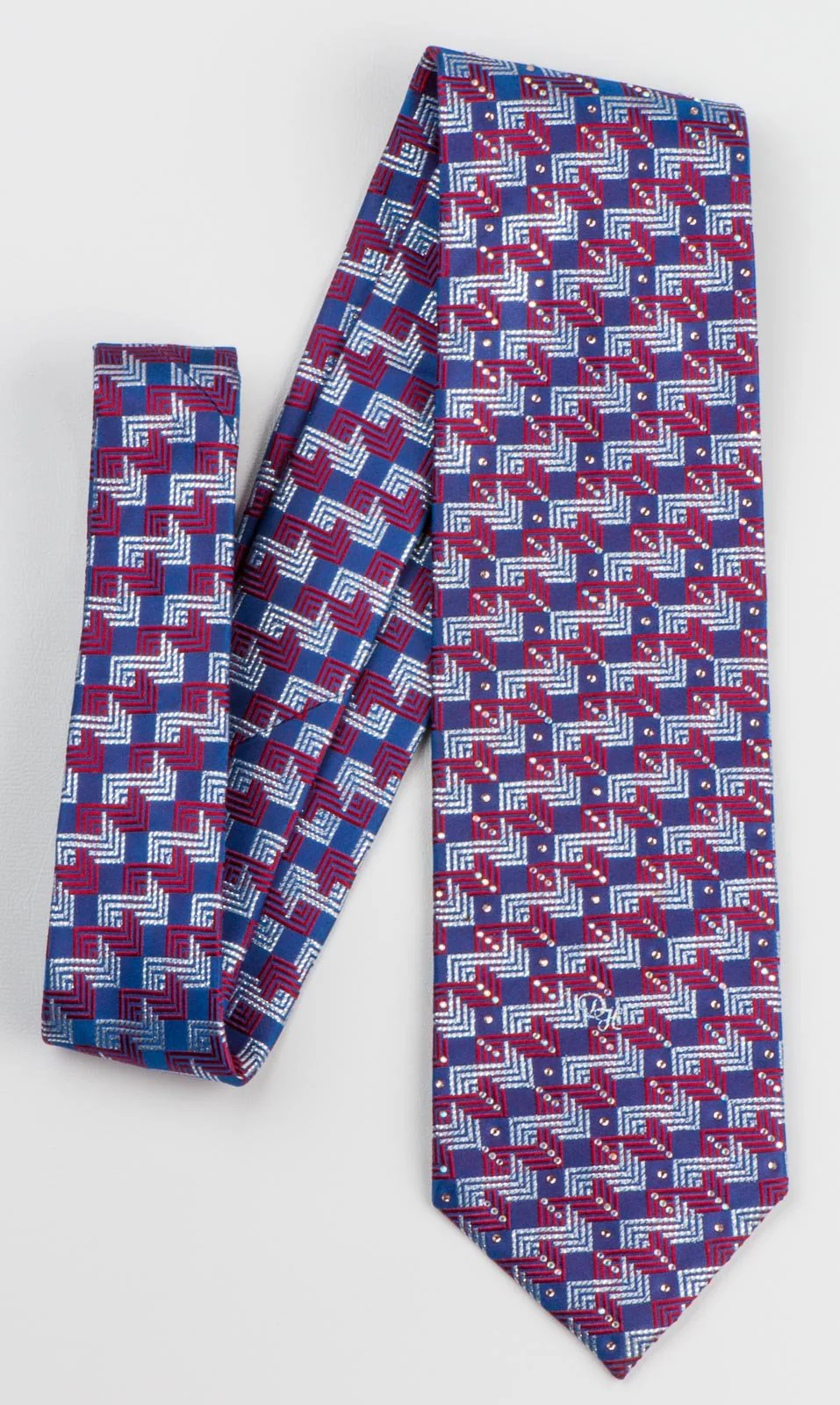 Daniel Hechter Men's Silk Rhinestone Necktie Silver & Red Lattice On Blue With Silver Sparkles - Image 4