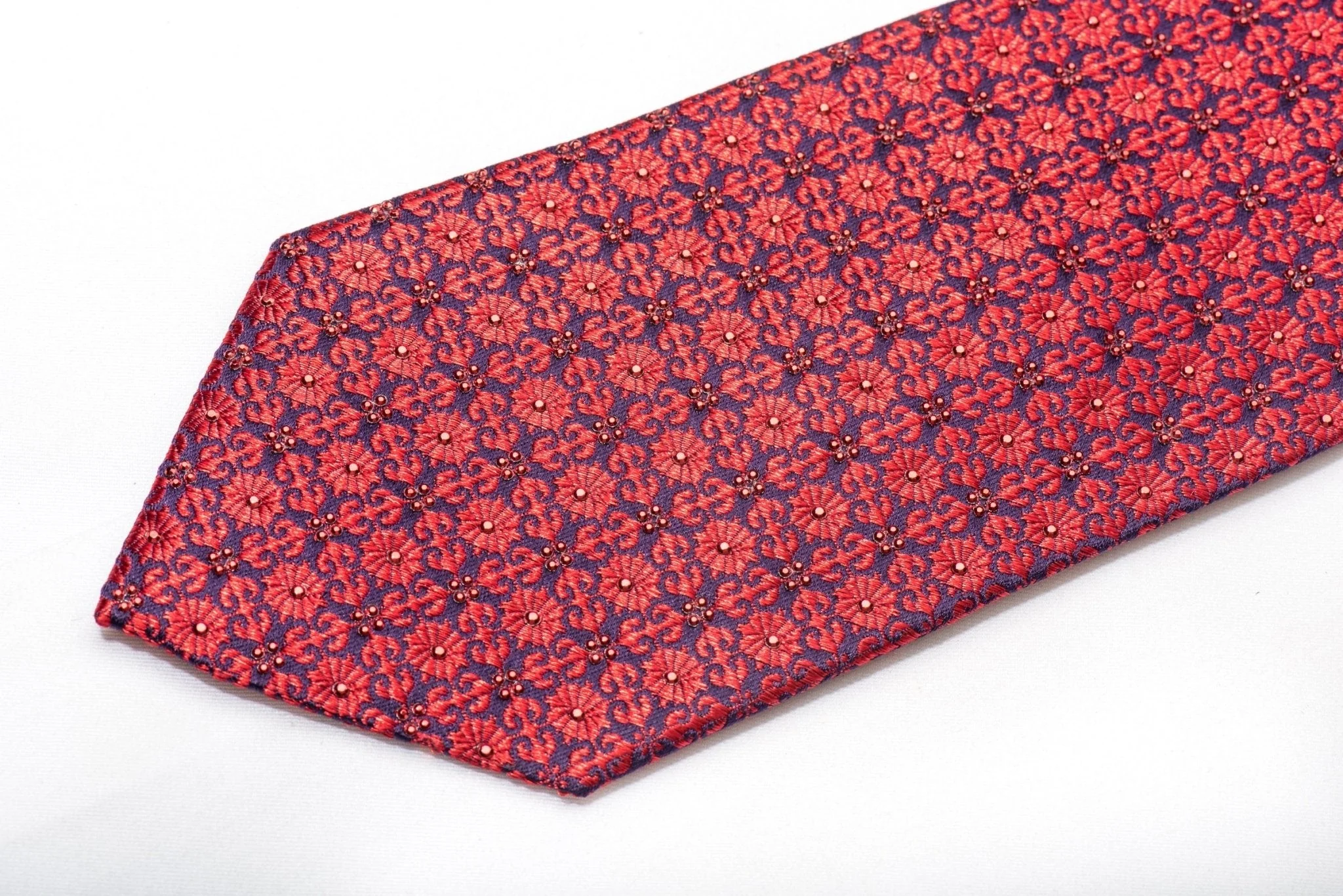 Daniel Hechter Men's Silk Tie Red Floral Cartouche On Blue Sparkling With Red Rhinestuds - Image 6