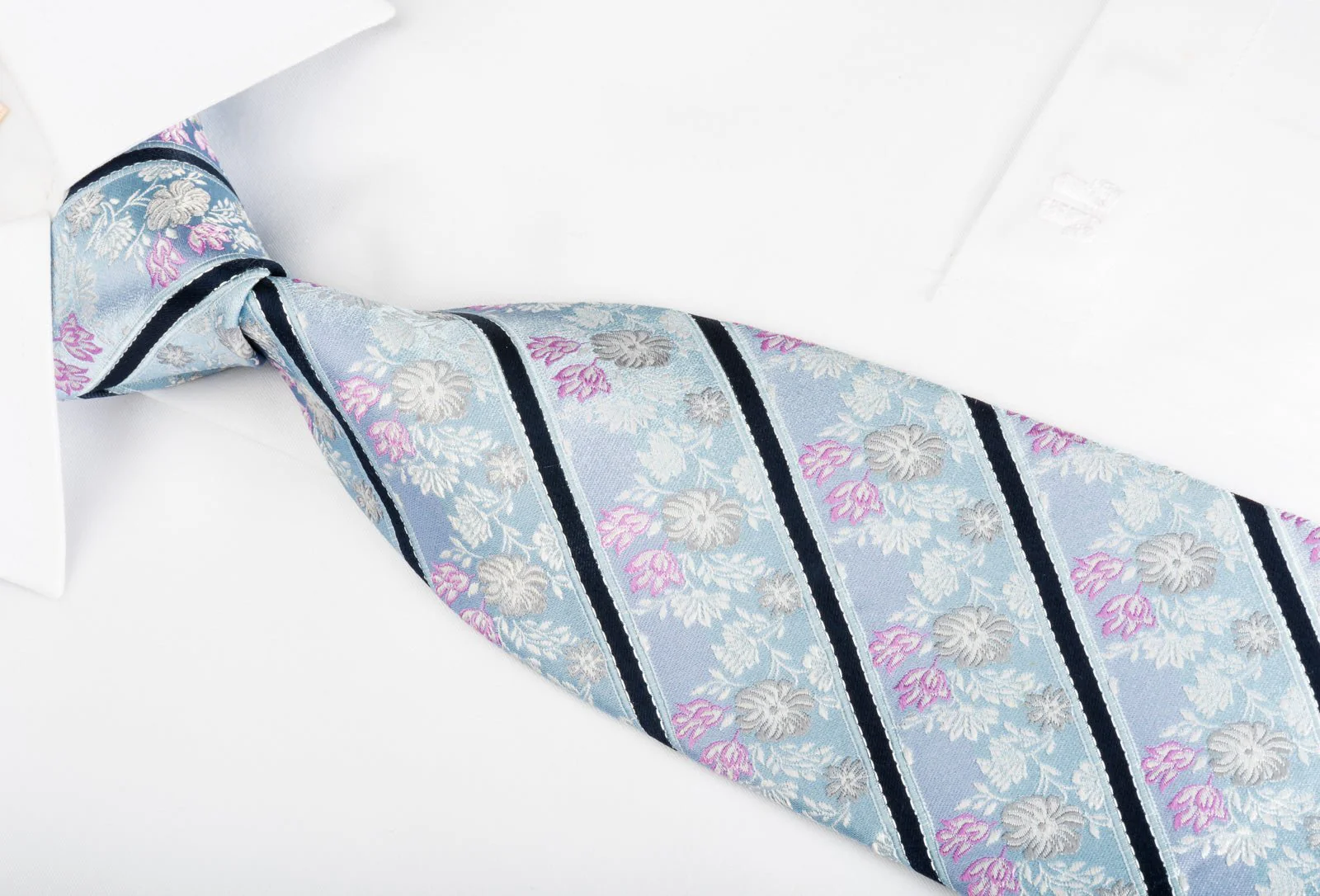 Daniel Hechter Men's Woven Silk Necktie Stripes & Floral On Sky Blue With Silver Sparkles - Image 6