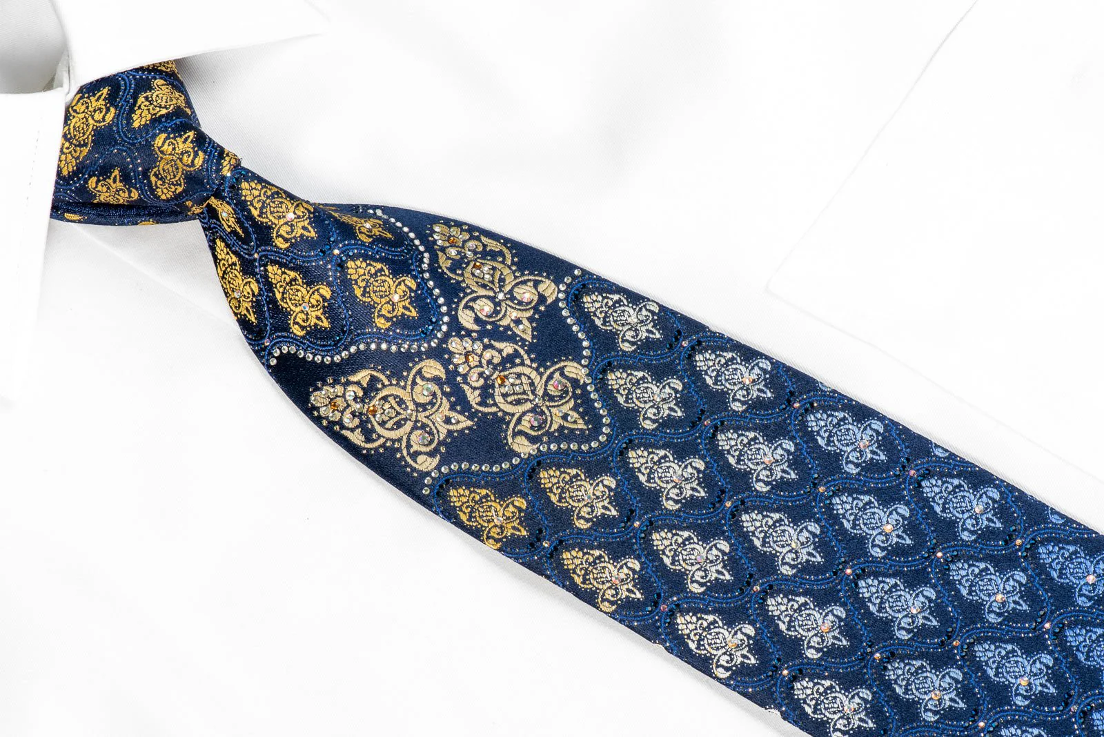 Daniel Hechter Rhinestone Necktie Damask On Blue With Gold Sparkles - Image 2
