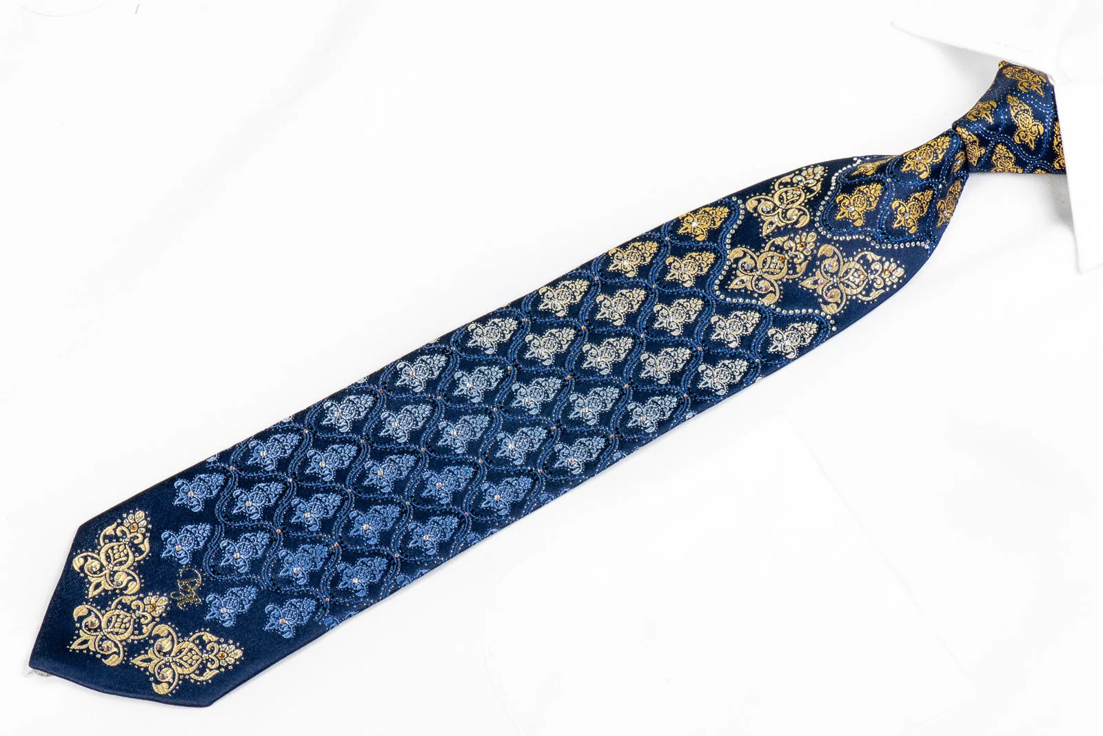 Daniel Hechter Rhinestone Necktie Damask On Blue With Gold Sparkles - Image 3