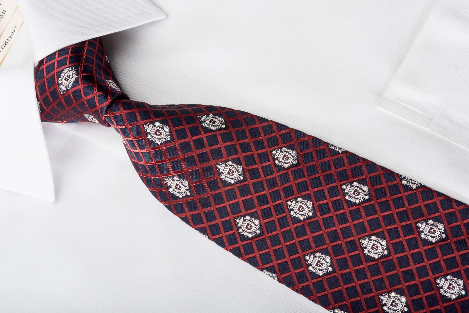 Daniel Hechter Rhinestone Necktie Red Checked On Navy With Silver Sparkles - Image 2