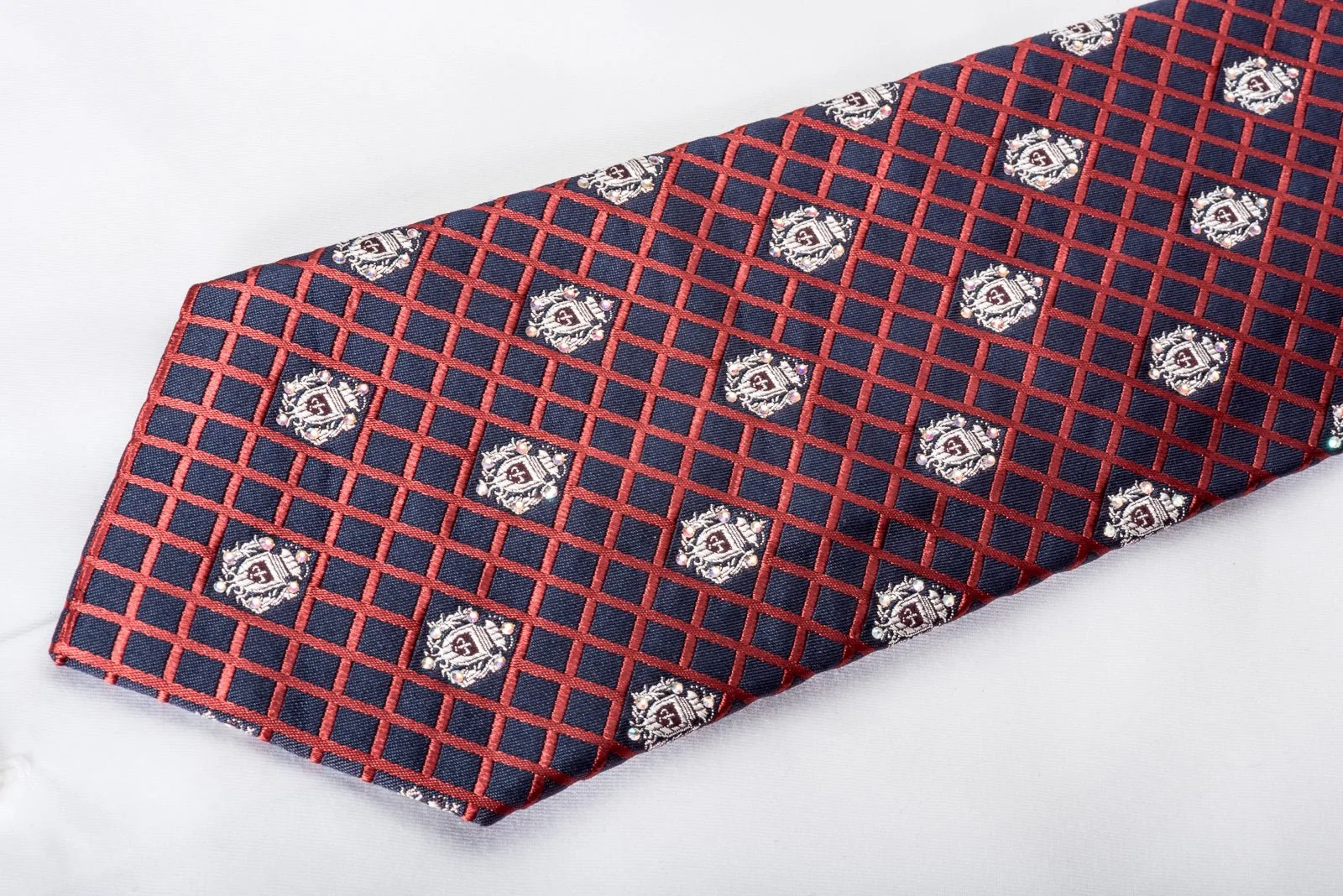 Daniel Hechter Rhinestone Necktie Red Checked On Navy With Silver Sparkles - Image 5