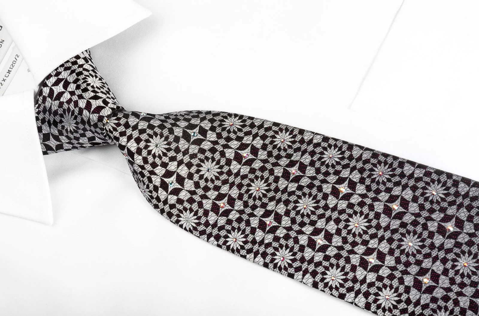 Daniel Hechter Rhinestone Necktie Silver Geometric On Black With Red Sparkles - Image 3