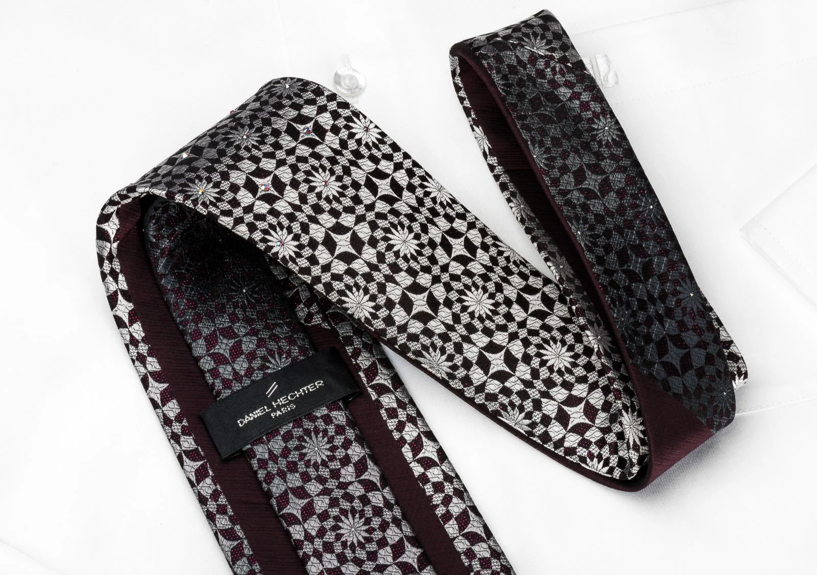 Daniel Hechter Rhinestone Necktie Silver Geometric On Black With Red Sparkles - Image 4