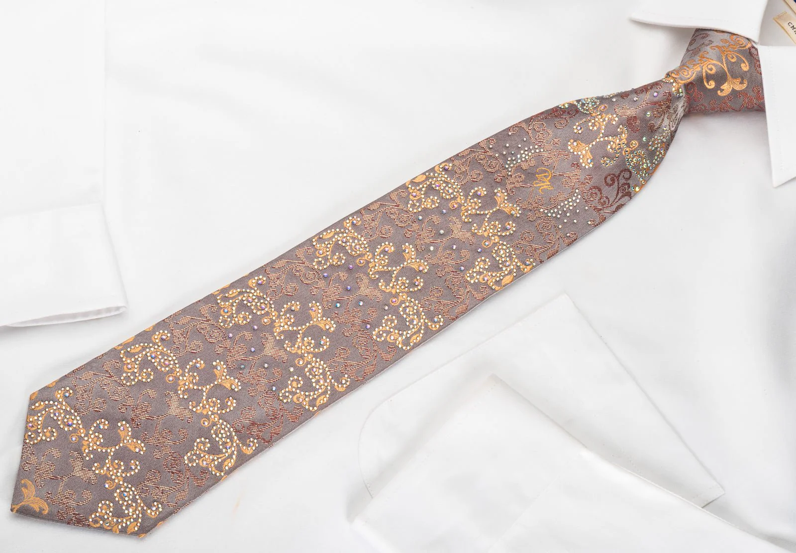 Daniel Hechter Rhinestone Silk Necktie Damask On Light Brown With Sparkles - Image 3