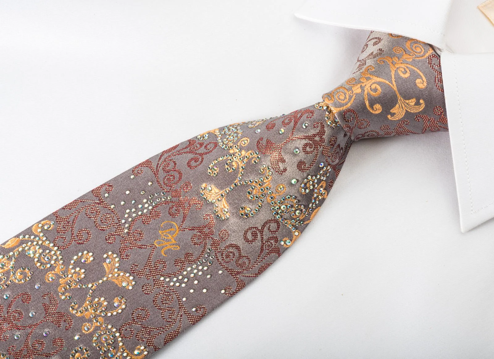 Daniel Hechter Rhinestone Silk Necktie Damask On Light Brown With Sparkles - Image 5