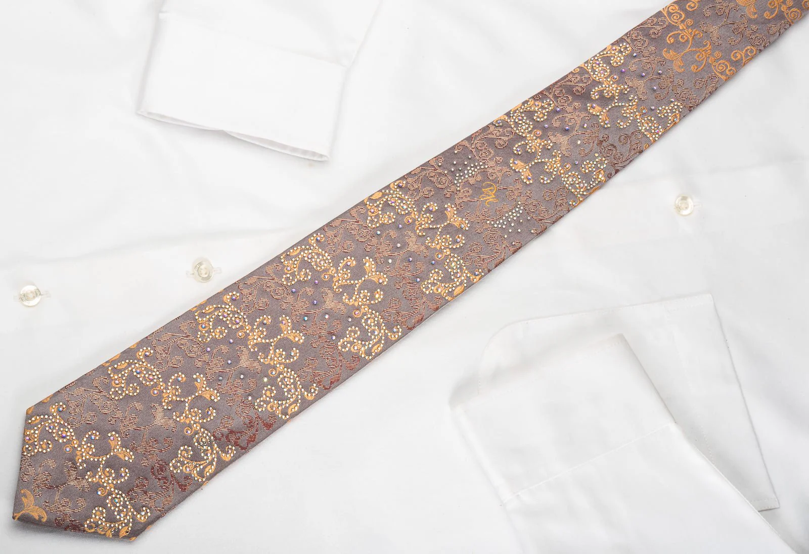 Daniel Hechter Rhinestone Silk Necktie Damask On Light Brown With Sparkles - Image 8