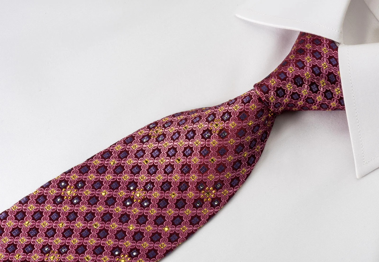 Daniel Hechter Rhinestone Silk Necktie Pink Quatrefoil On Burgundy With Golden Sparkles - Image 7