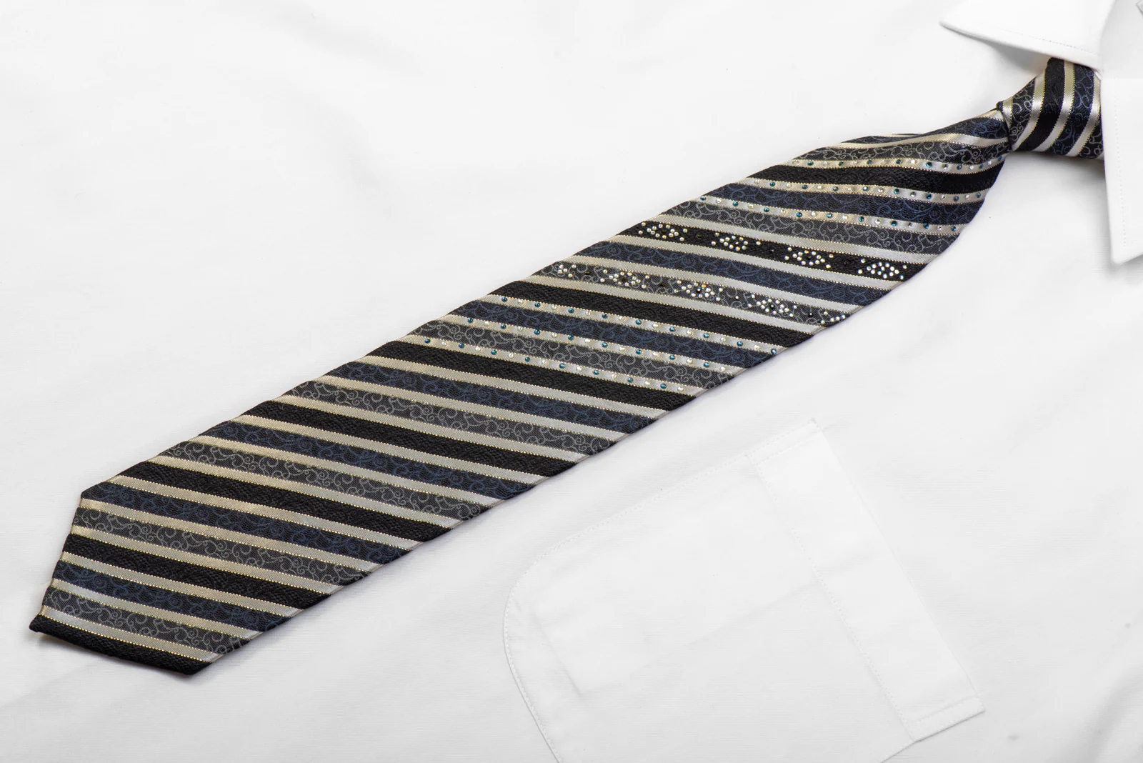 Rhinestone Silk Necktie Silver Black Striped With Silver Sparkles - Image 3