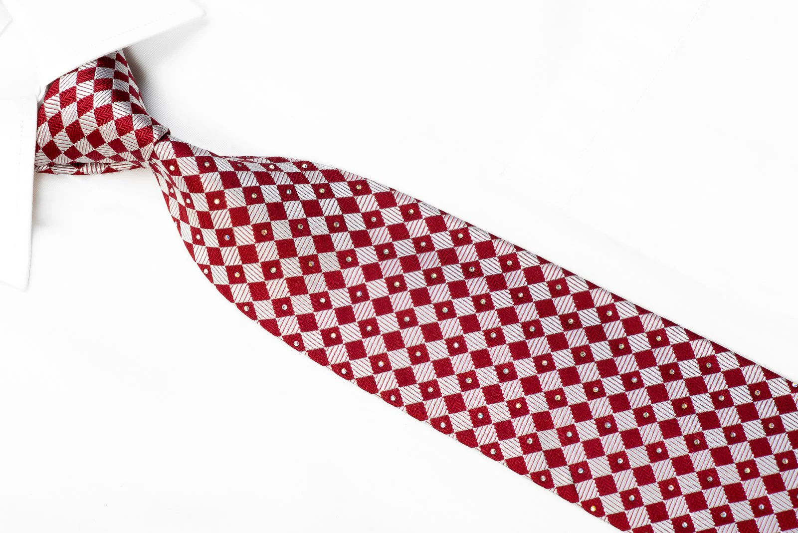 Daniel Hechter Rhinestone Silk Necktie Silver Burgundy Checkered With Sparkles - Image 2