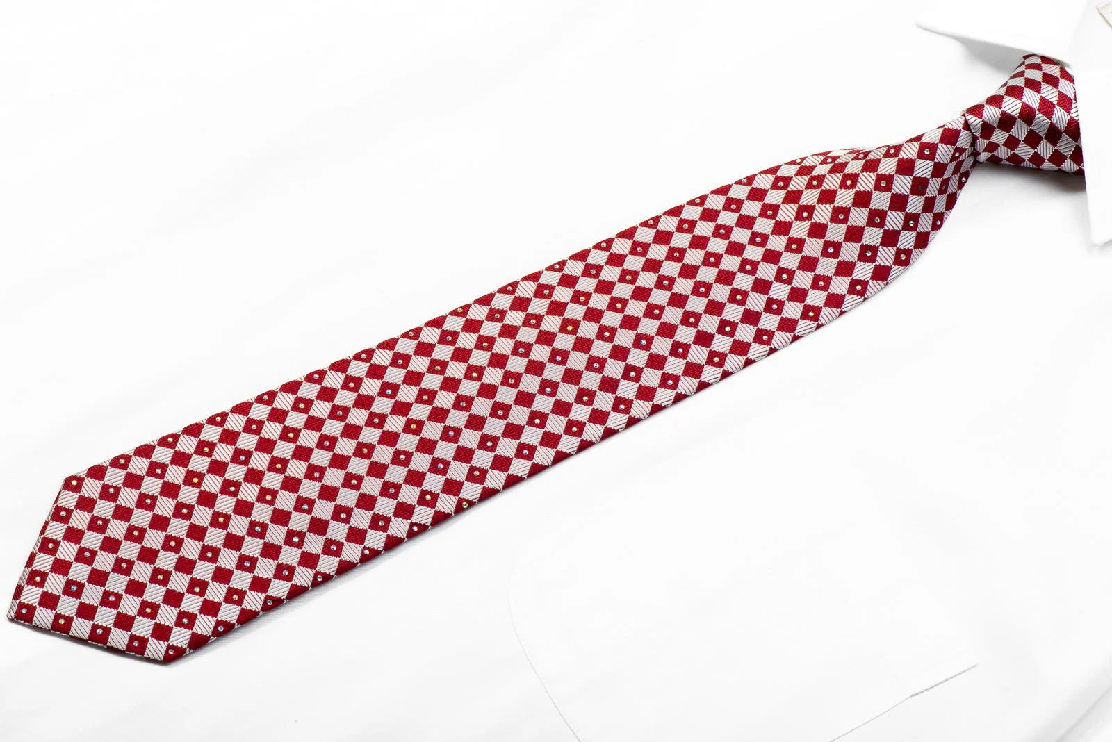 Daniel Hechter Rhinestone Silk Necktie Silver Burgundy Checkered With Sparkles - Image 3
