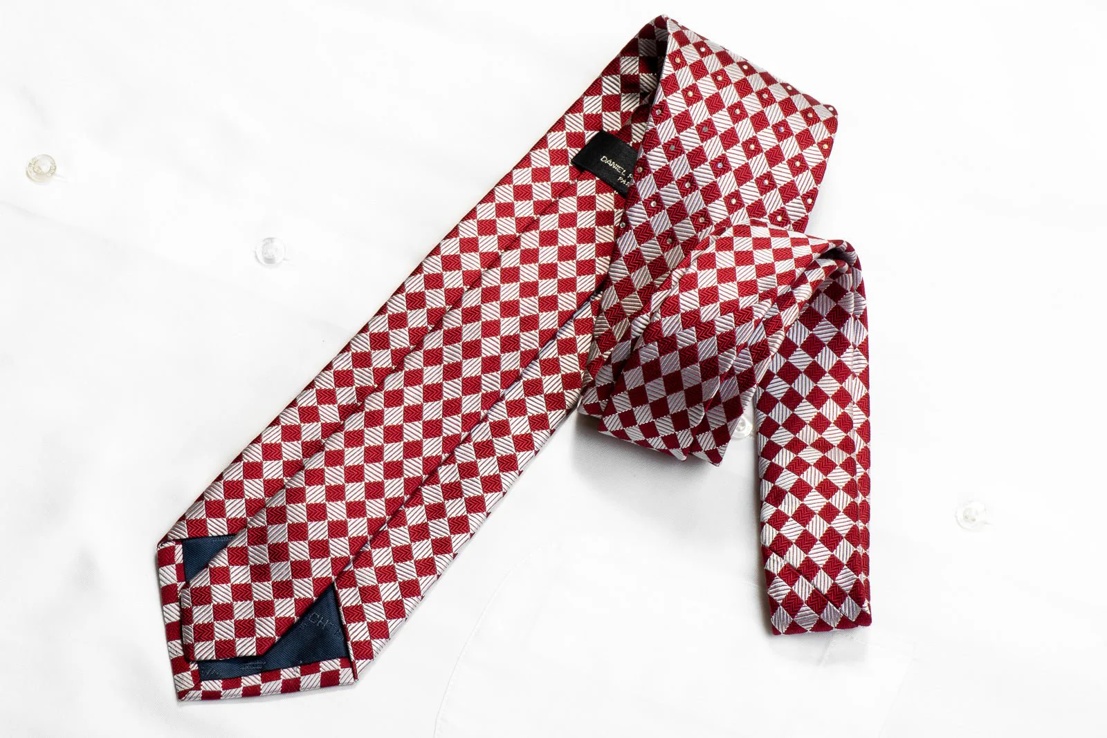Daniel Hechter Rhinestone Silk Necktie Silver Burgundy Checkered With Sparkles - Image 4