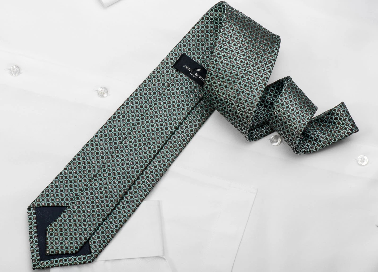 Daniel Hechter Rhinestone Silk Necktie Turquoise Geometric On Brown With Sparkles - Image 4