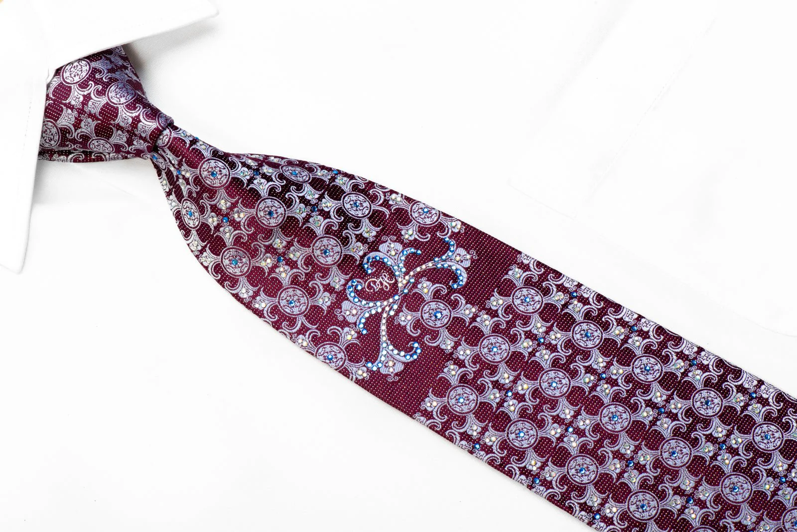 Daniel Hechter Rhinestone Silk Tie Blue Damask On Burgundy With Silver Sparkles - Image 2
