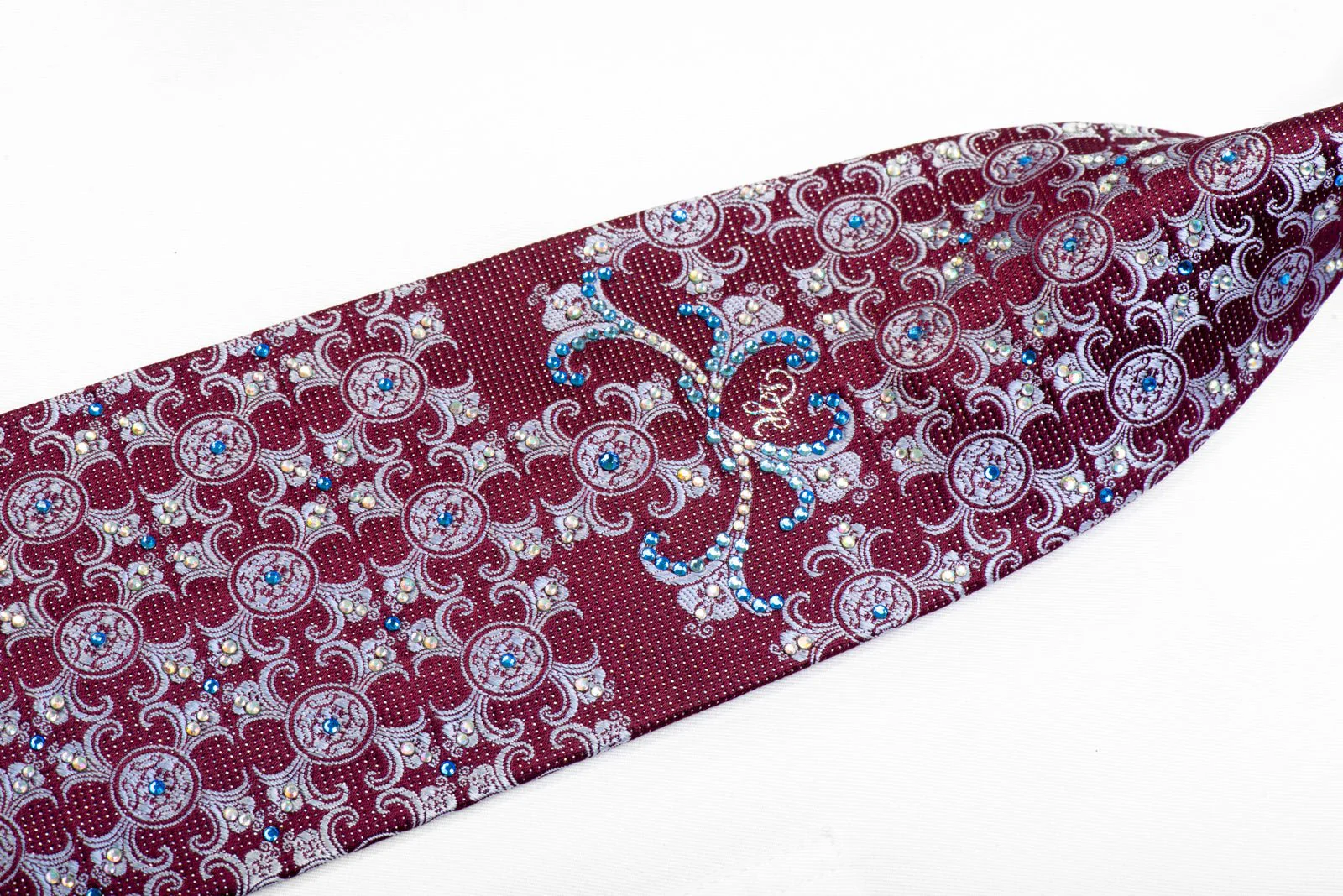 Daniel Hechter Rhinestone Silk Tie Blue Damask On Burgundy With Silver Sparkles - Image 4